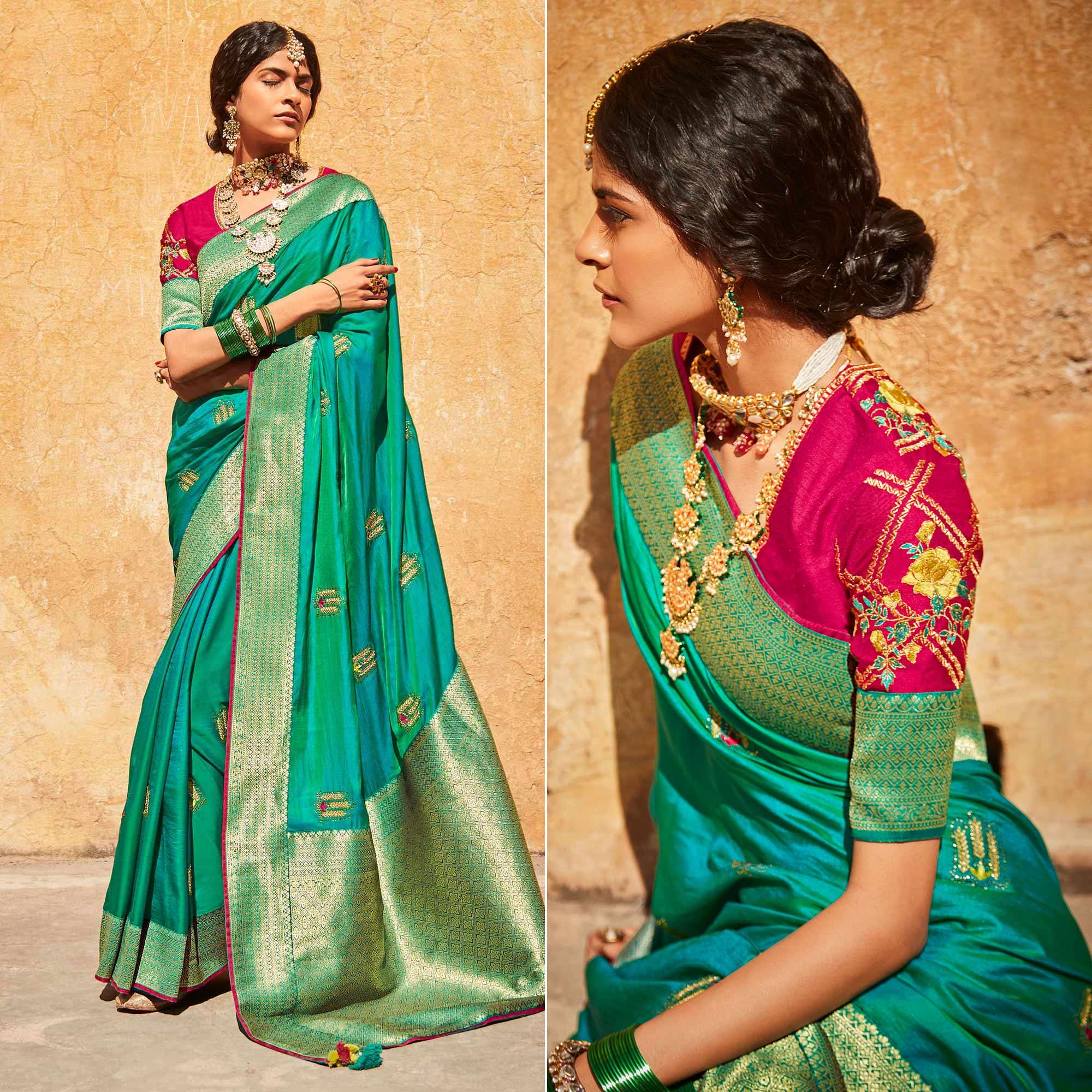 Aqua Green Festive Wear Woven-Embroidered Silk Saree - Peachmode