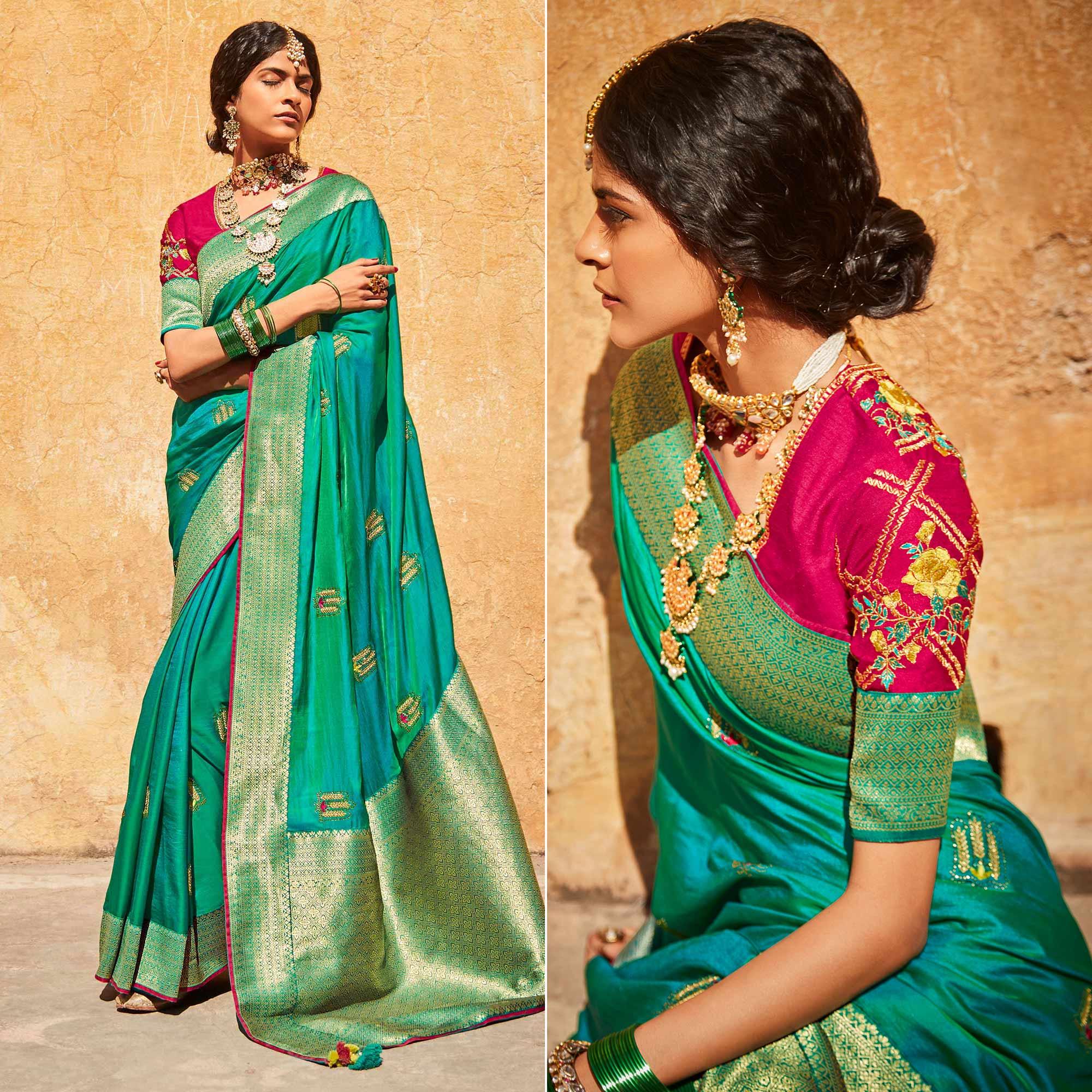 Aqua Green Festive Wear Woven-Embroidered Silk Saree - Peachmode