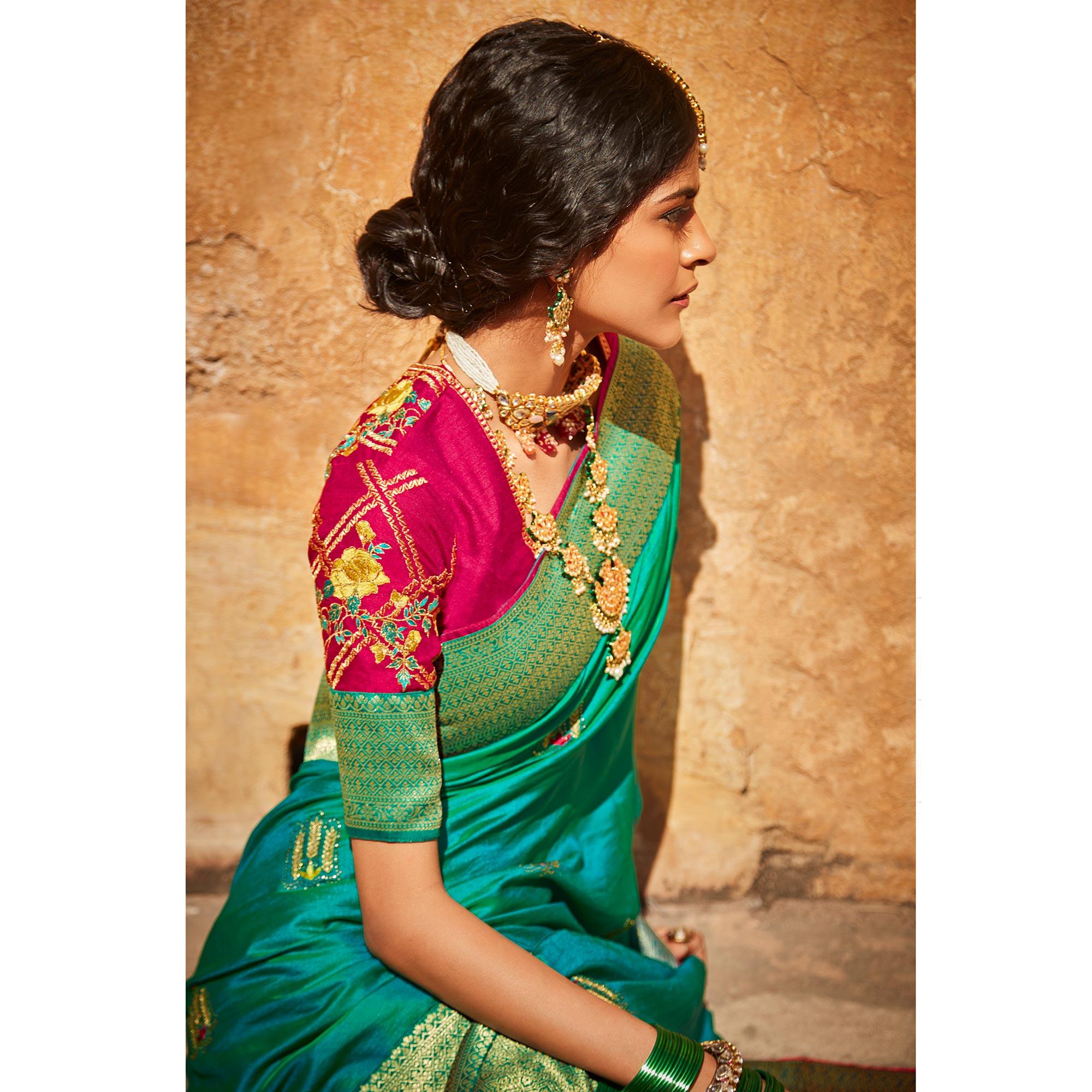 Aqua Green Festive Wear Woven-Embroidered Silk Saree - Peachmode