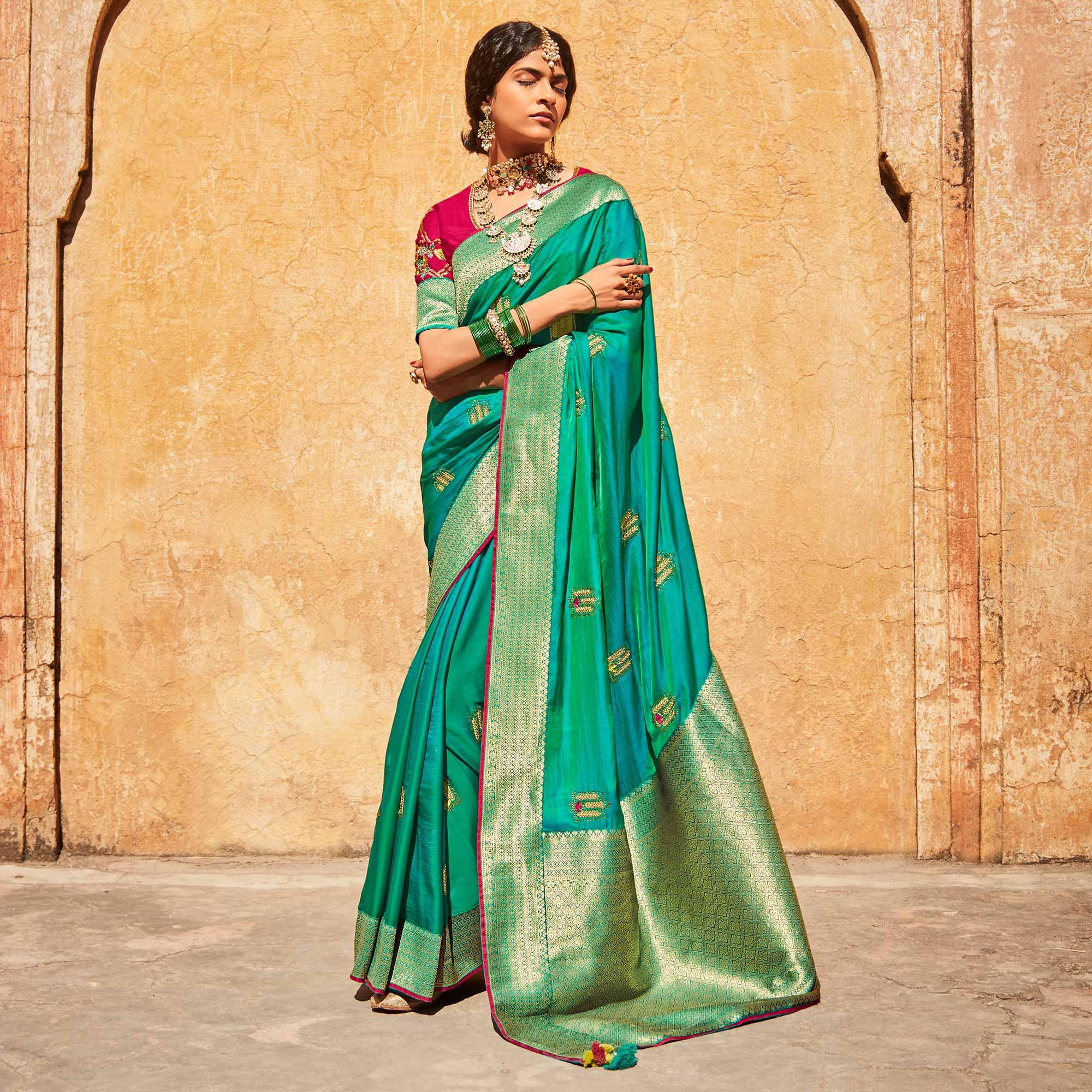 Aqua Green Festive Wear Woven-Embroidered Silk Saree - Peachmode