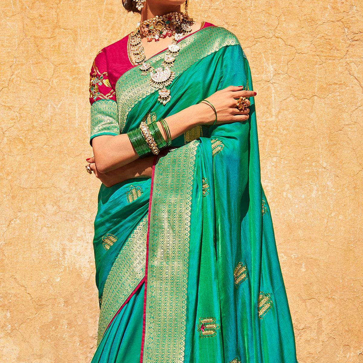 Aqua Green Festive Wear Woven-Embroidered Silk Saree - Peachmode