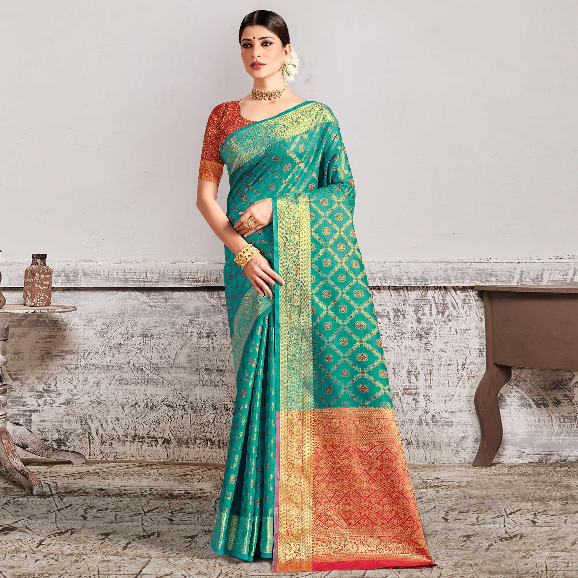 Aqua Green Festive Wear Woven Patola Silk Saree - Peachmode