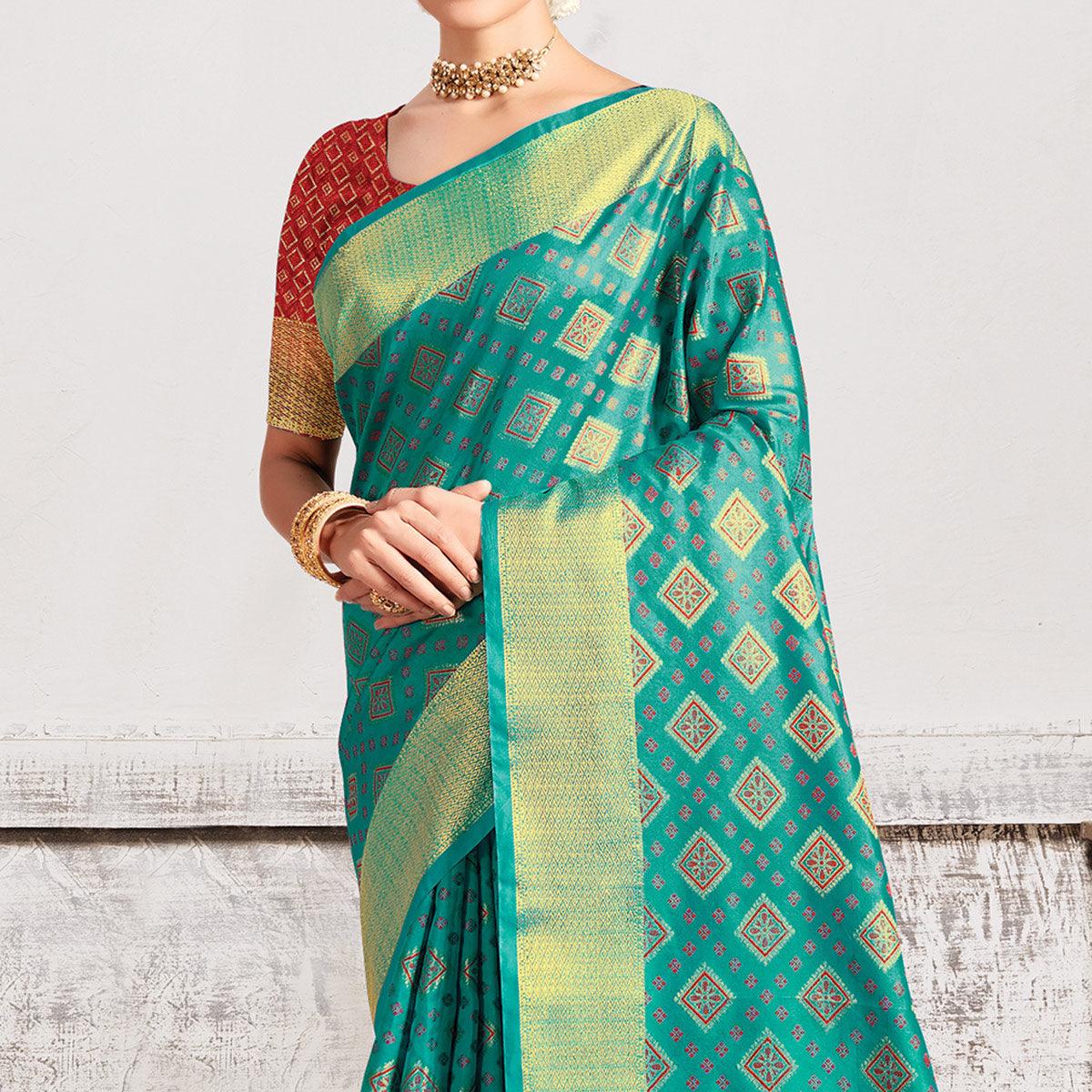 Aqua Green Festive Wear Woven Patola Silk Saree - Peachmode