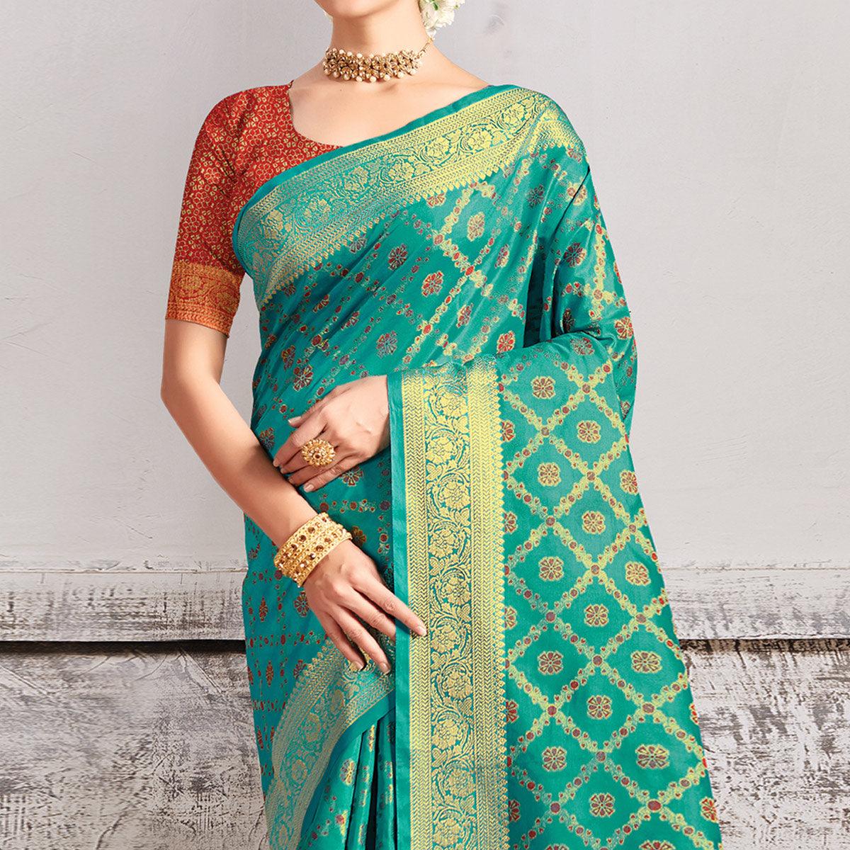 Aqua Green Festive Wear Woven Patola Silk Saree - Peachmode