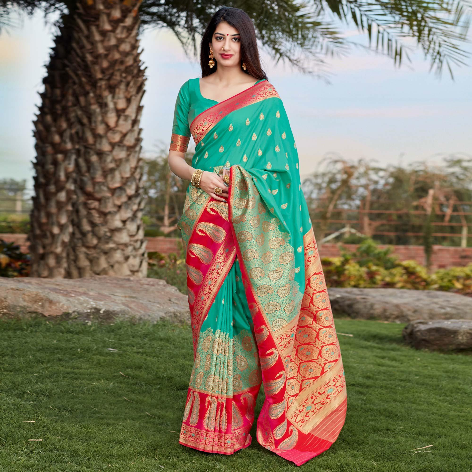 Aqua Green Festive Wear Woven Soft Banarasi Silk Saree - Peachmode