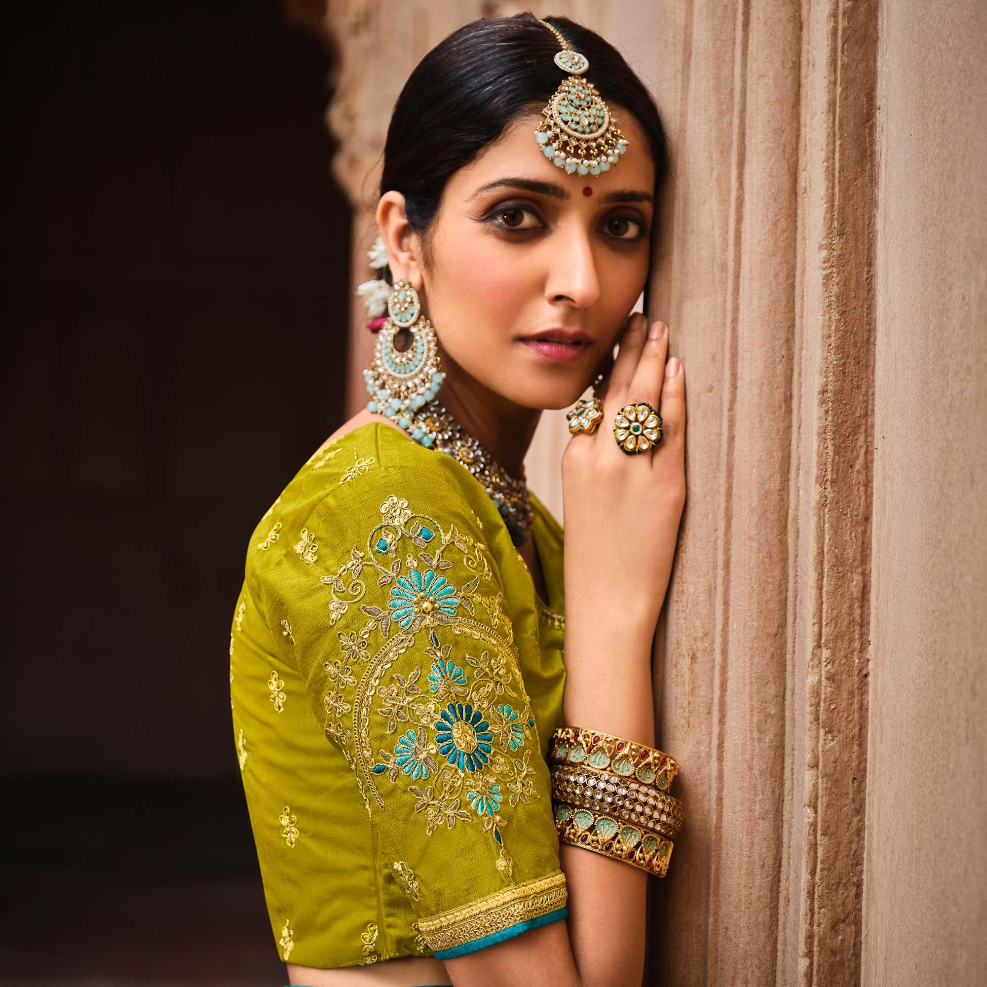 Aqua Green Festive Wear Woven With Zari & Diamond Work Banarasi Silk Saree - Peachmode