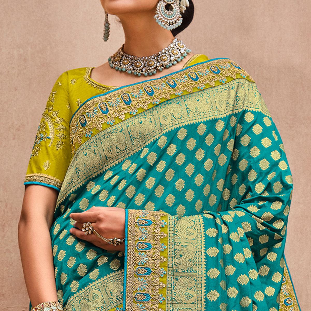 Aqua Green Festive Wear Woven With Zari & Diamond Work Banarasi Silk Saree - Peachmode
