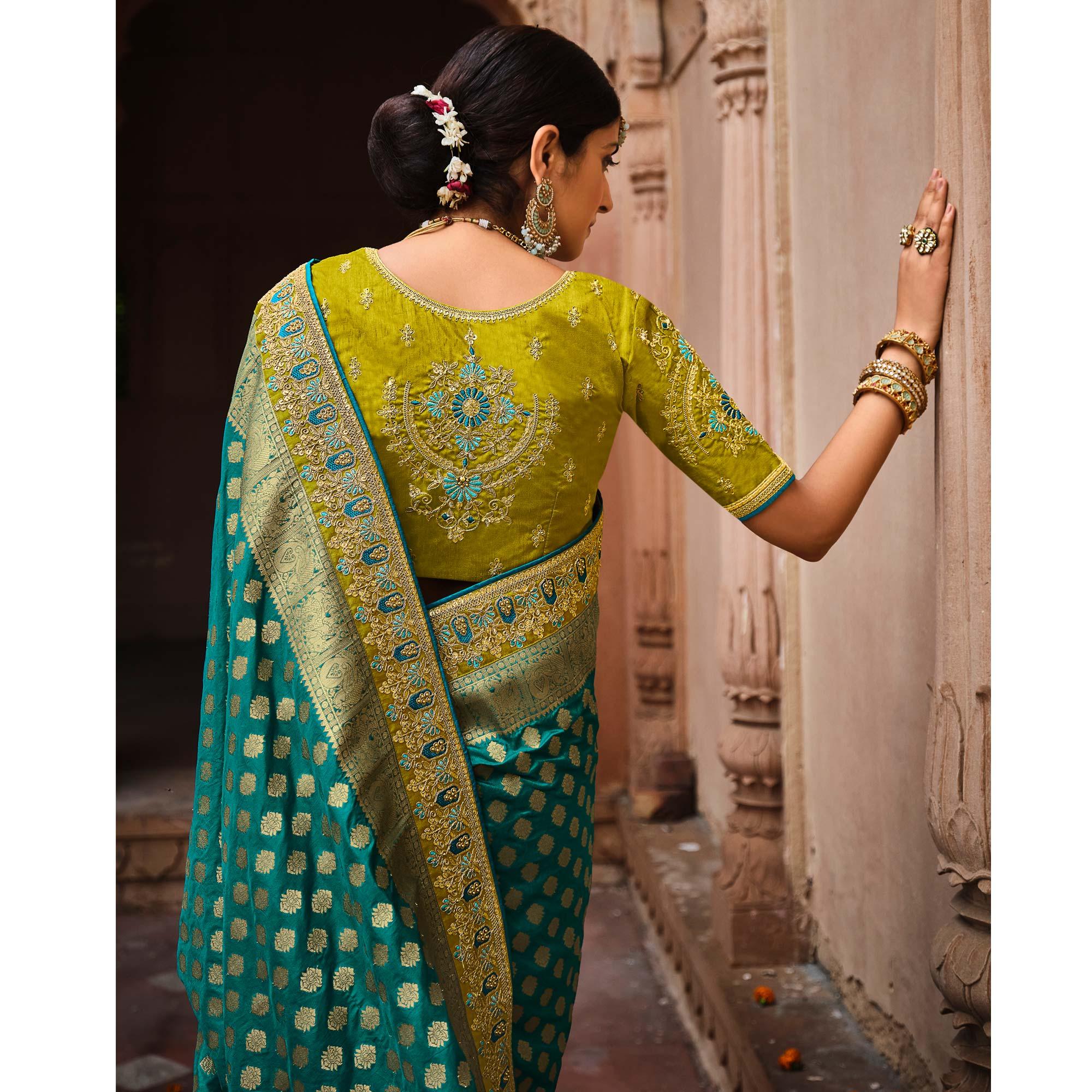 Aqua Green Festive Wear Woven With Zari & Diamond Work Banarasi Silk Saree - Peachmode