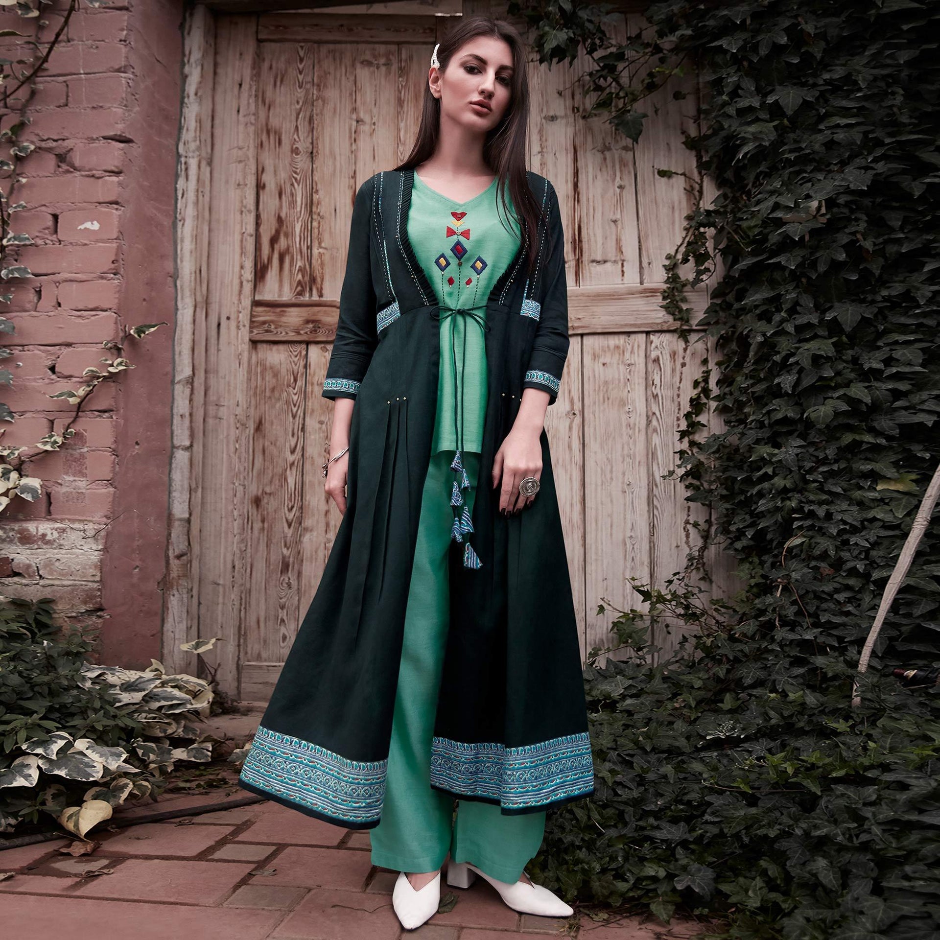 green dress with shrug Aqua Green-Green Partywear Embroidered Rayon Top-Bottom Set With Shrug