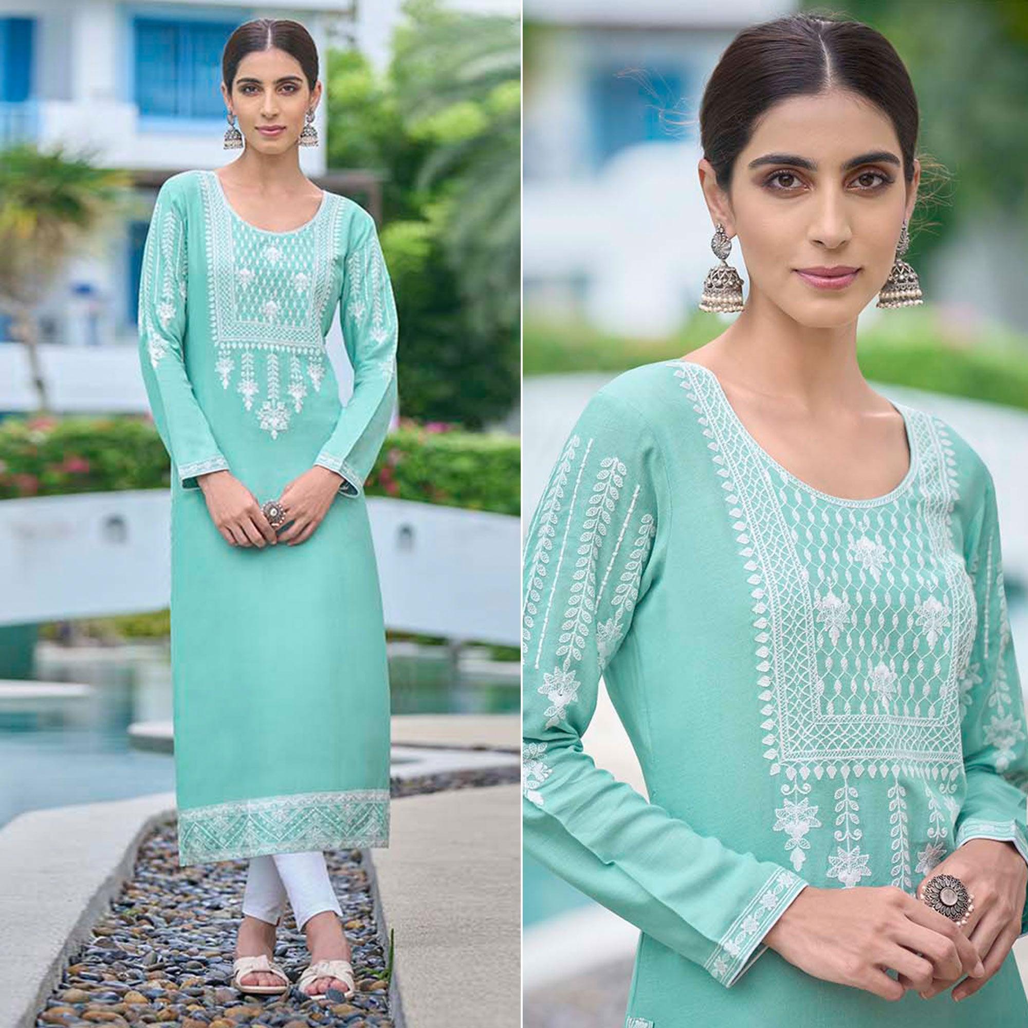 Aqua Green Lucknowi Embroidered Rayon Kurti - Peachmode