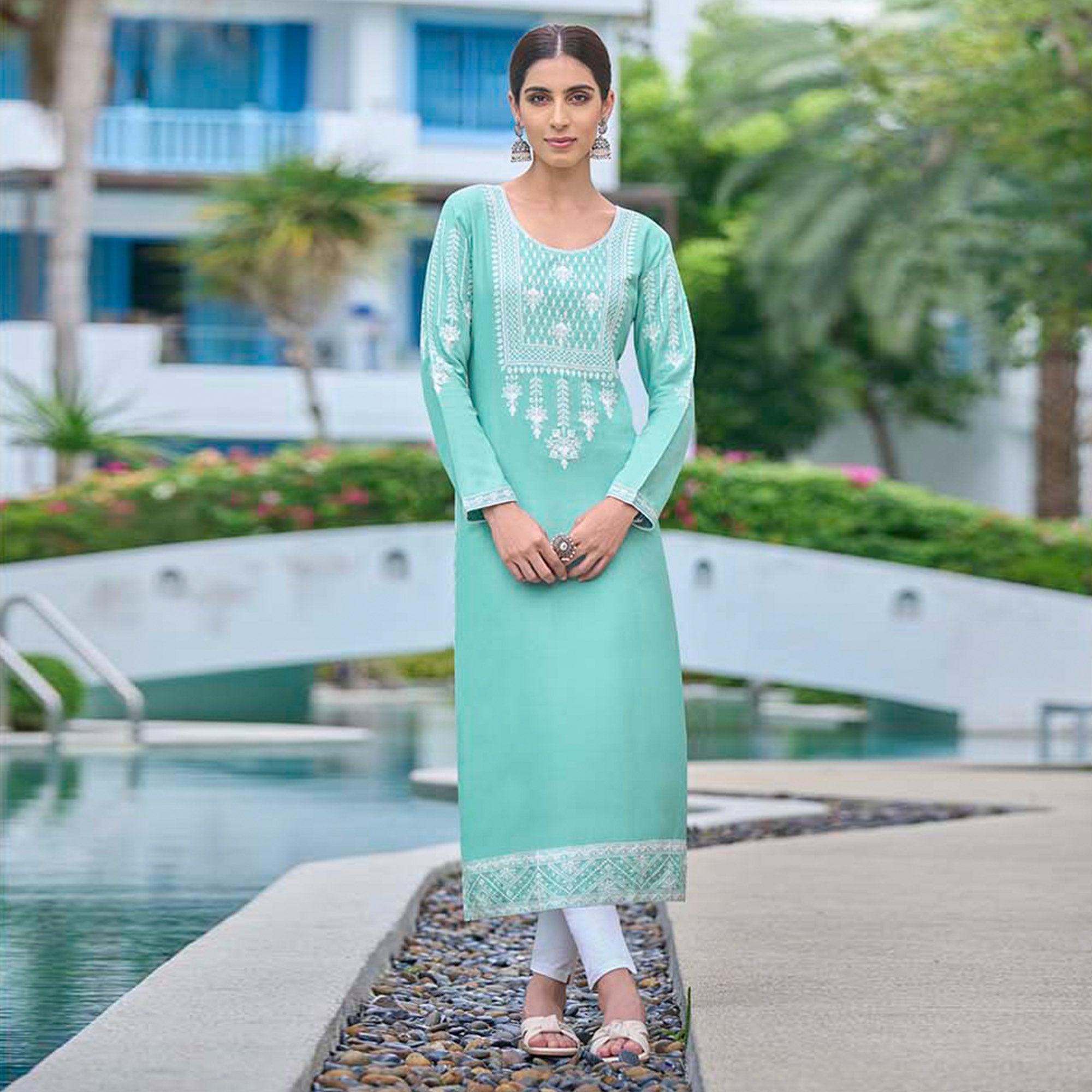 Aqua Green Lucknowi Embroidered Rayon Kurti - Peachmode