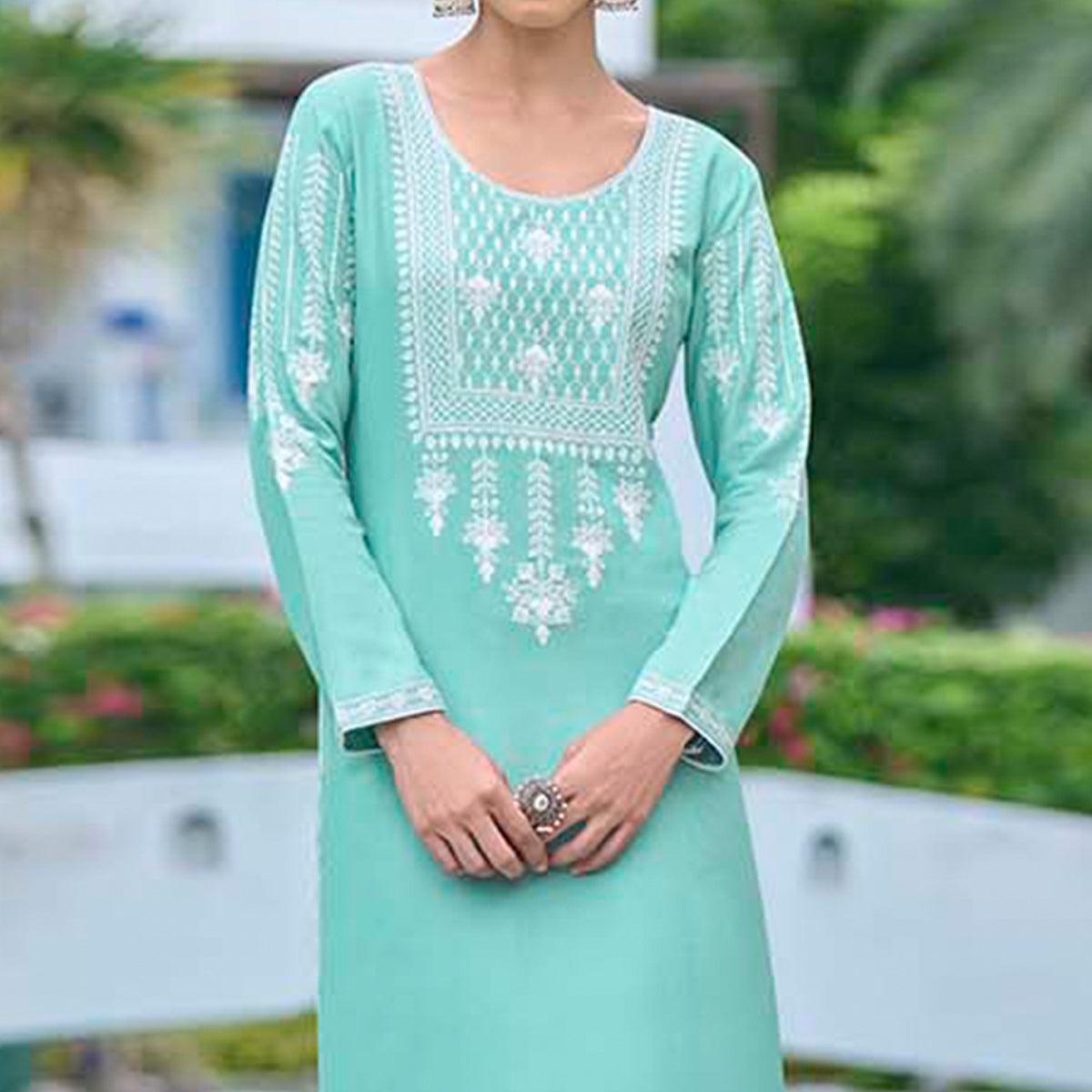 Aqua Green Lucknowi Embroidered Rayon Kurti - Peachmode