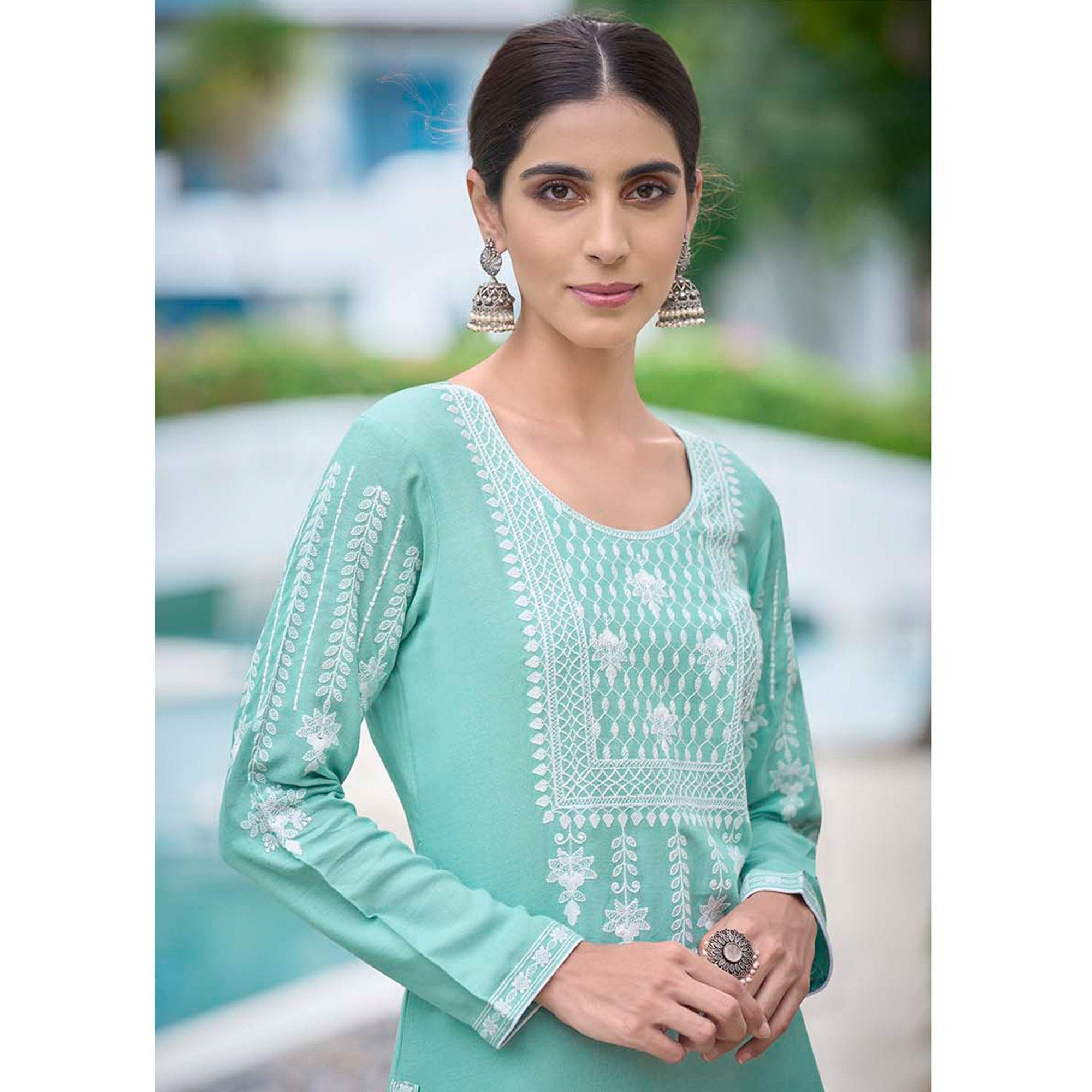 Aqua Green Lucknowi Embroidered Rayon Kurti - Peachmode