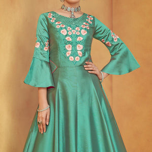 Aqua Green Party Wear Embroidered Tapetta Gown - Peachmode