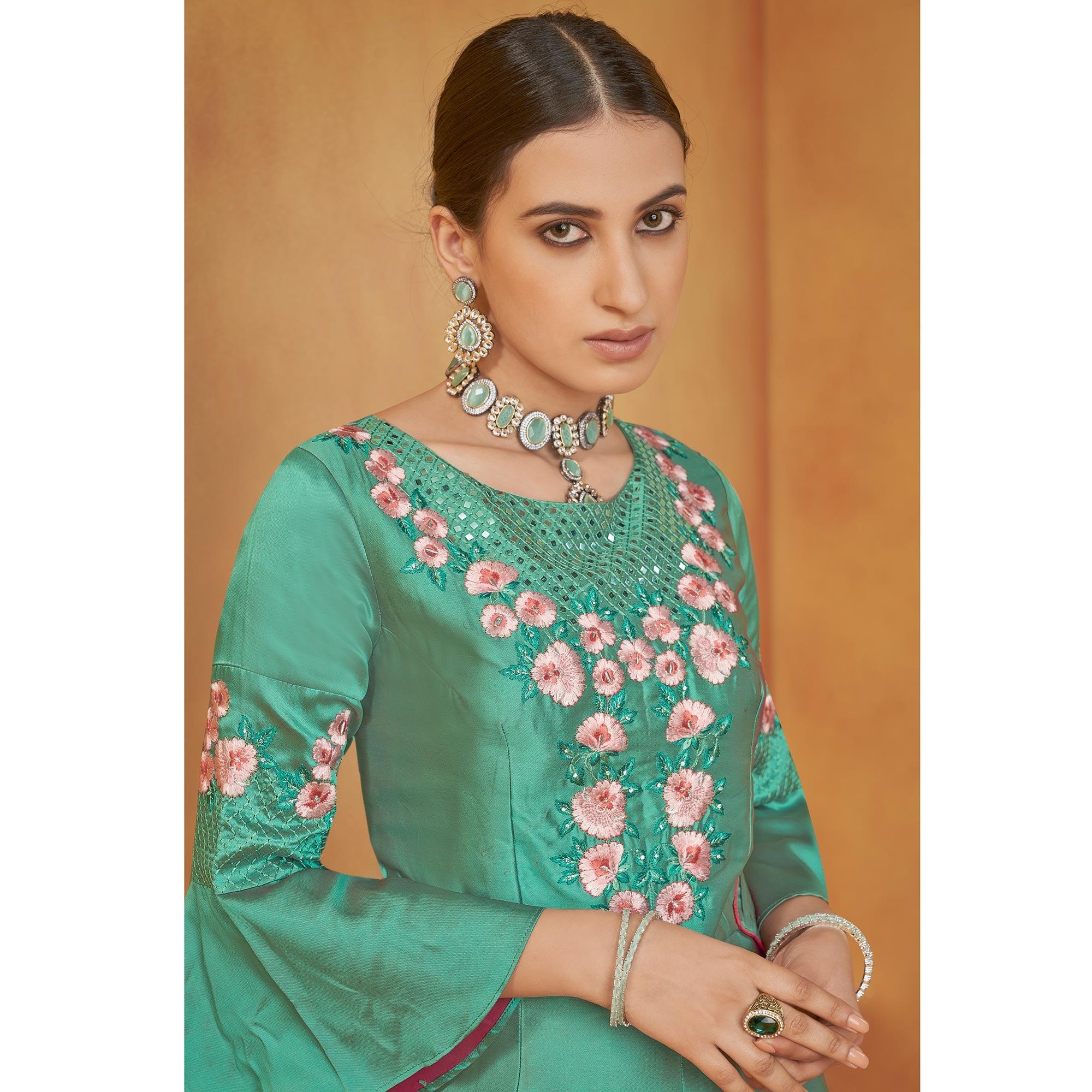 Aqua Green Party Wear Embroidered Tapetta Gown - Peachmode