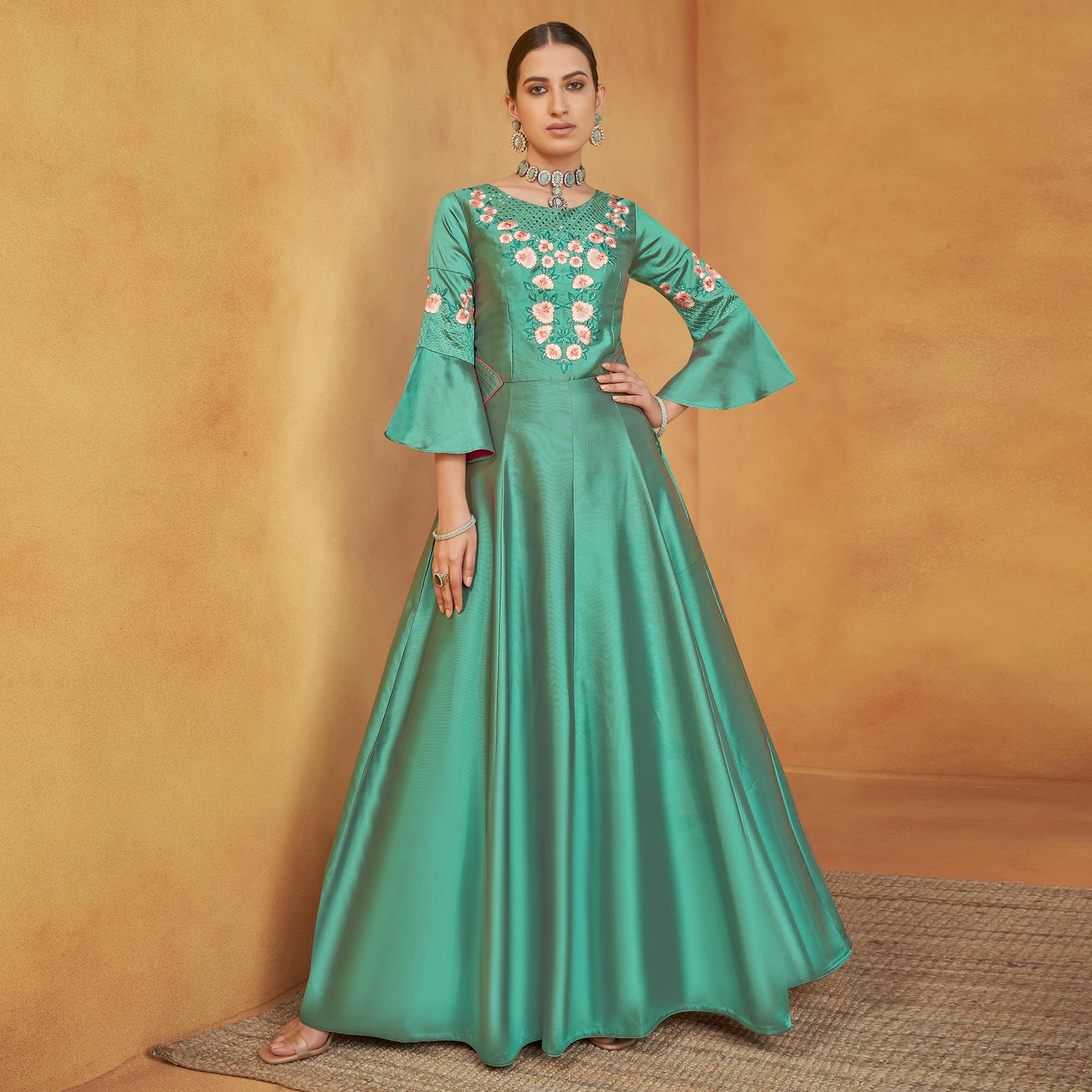 Aqua Green Party Wear Embroidered Tapetta Gown - Peachmode