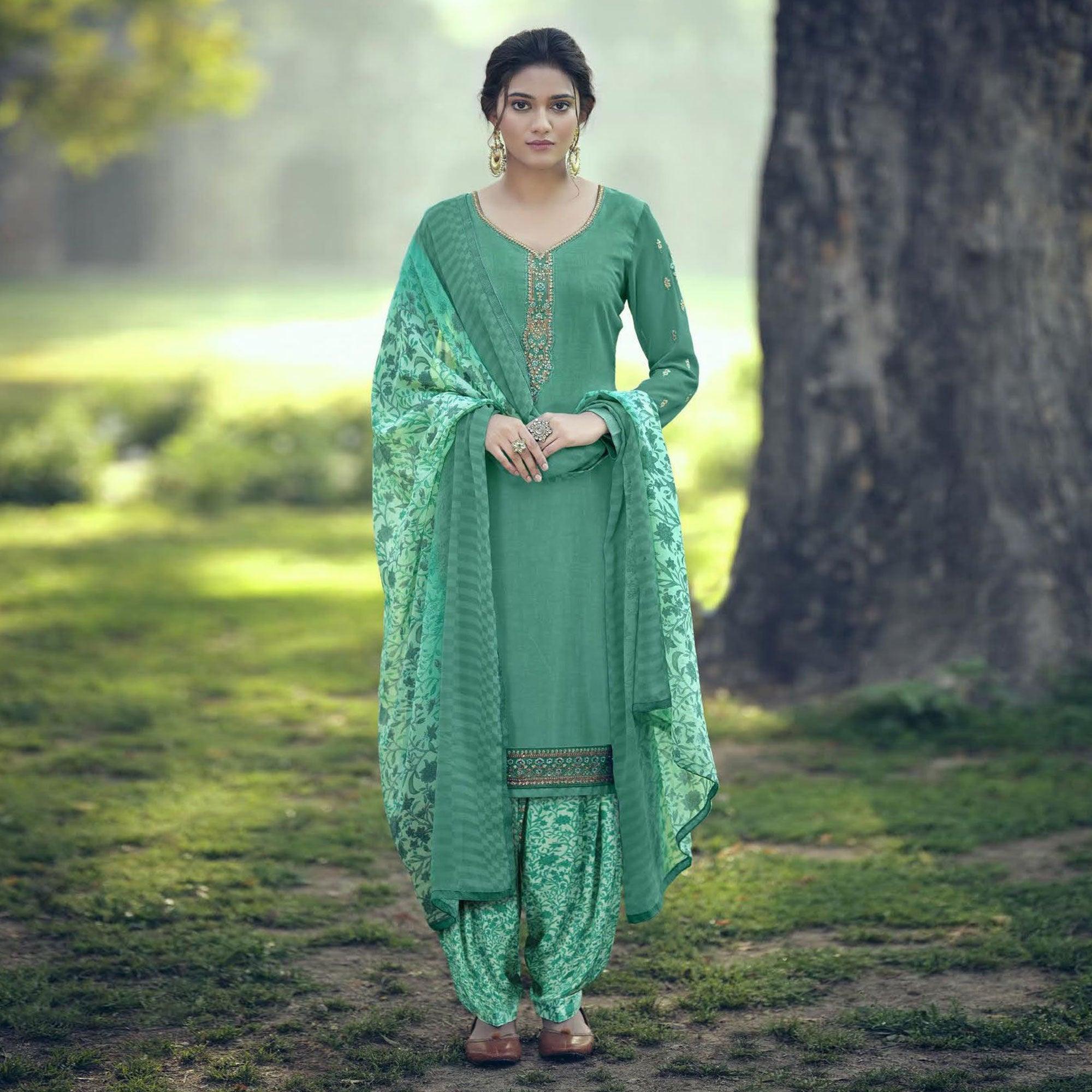Aqua Green Partywear Embroidered Royal French Crepe Patiala Suit - Peachmode