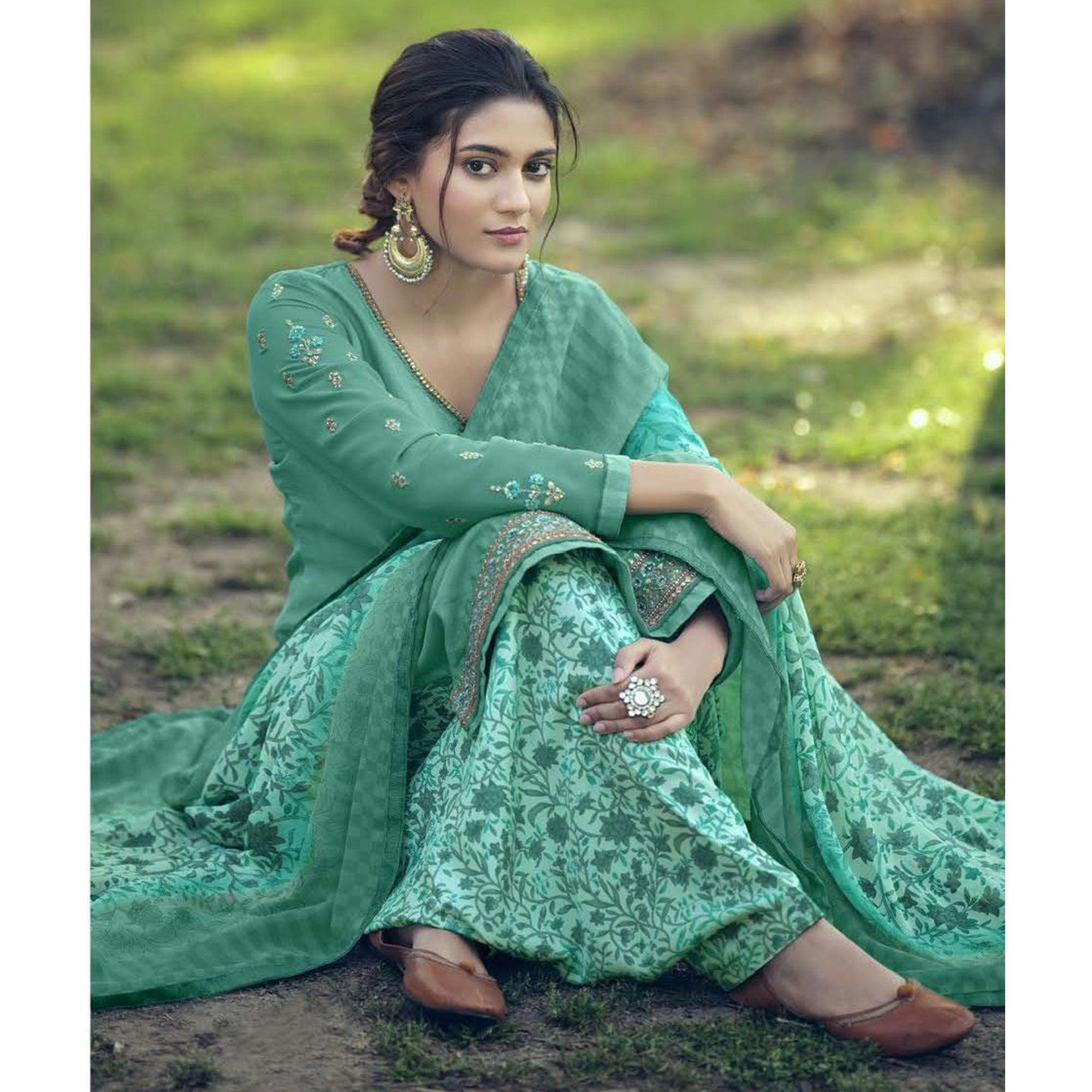 Aqua Green Partywear Embroidered Royal French Crepe Patiala Suit - Peachmode