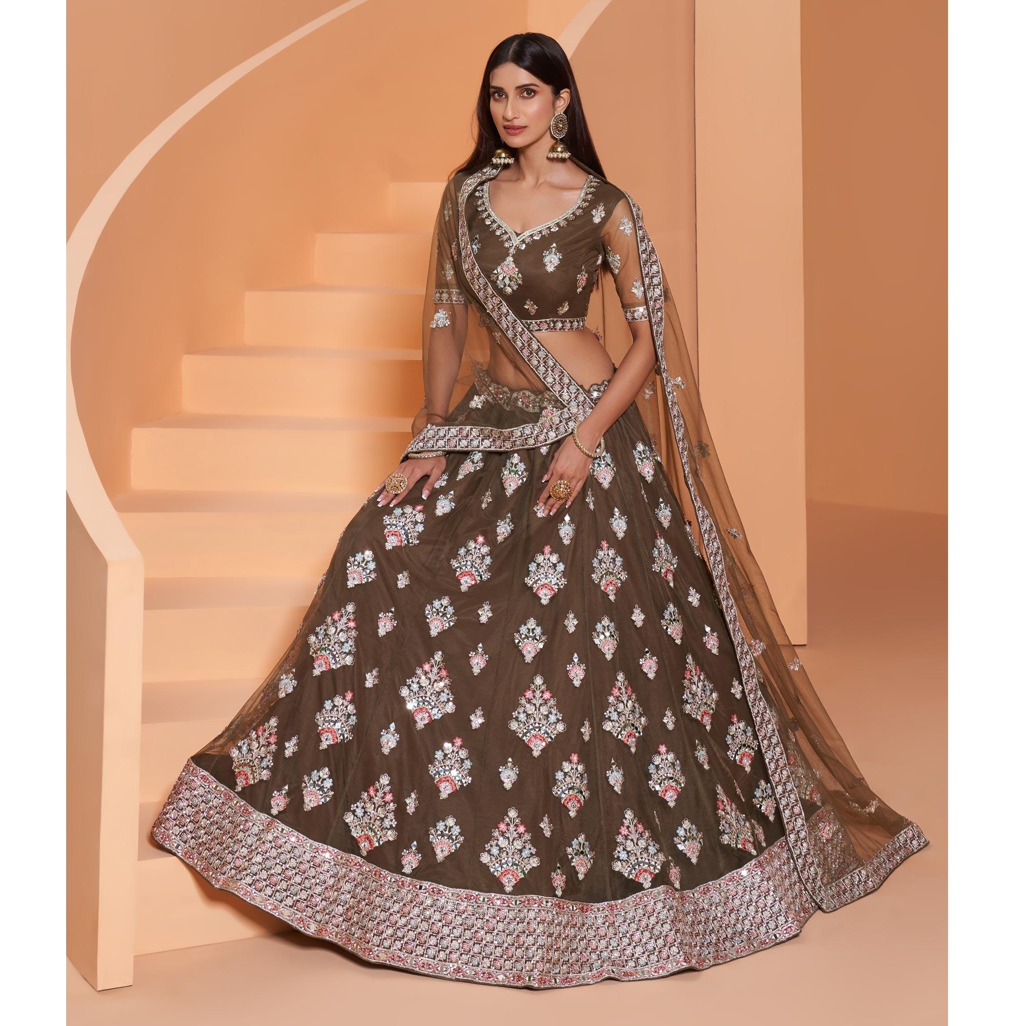 Army Green Partywear Floral Embroidered Embellished Net Lehenga Choli - Peachmode