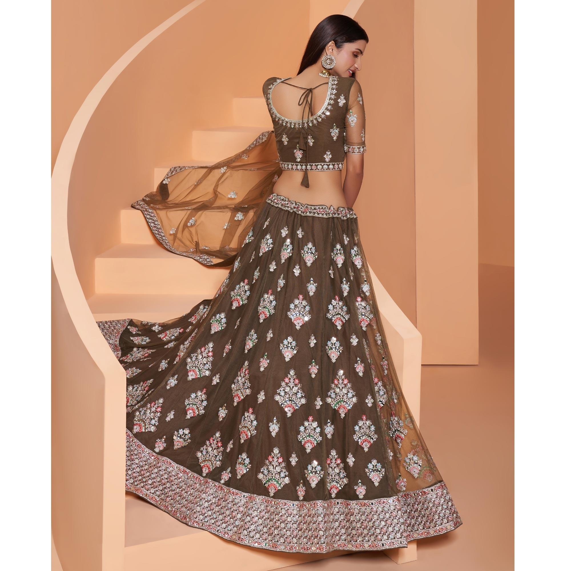 Army Green Partywear Floral Embroidered Embellished Net Lehenga Choli - Peachmode