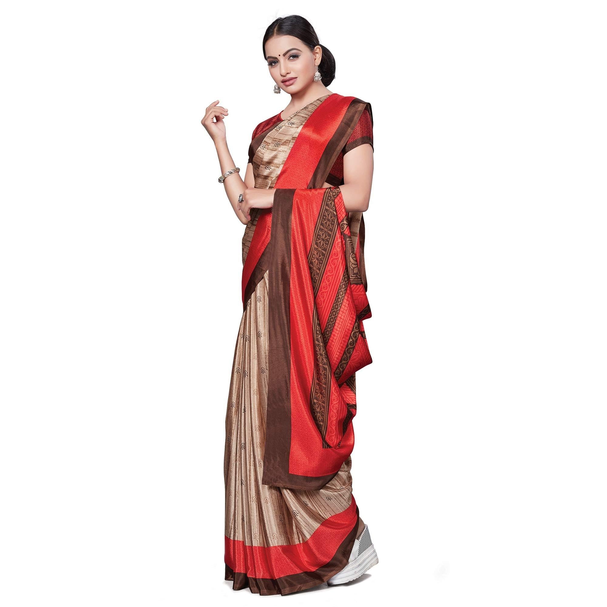 Arresting Beige Colored Casual Wear Printed Crepe Saree - Peachmode