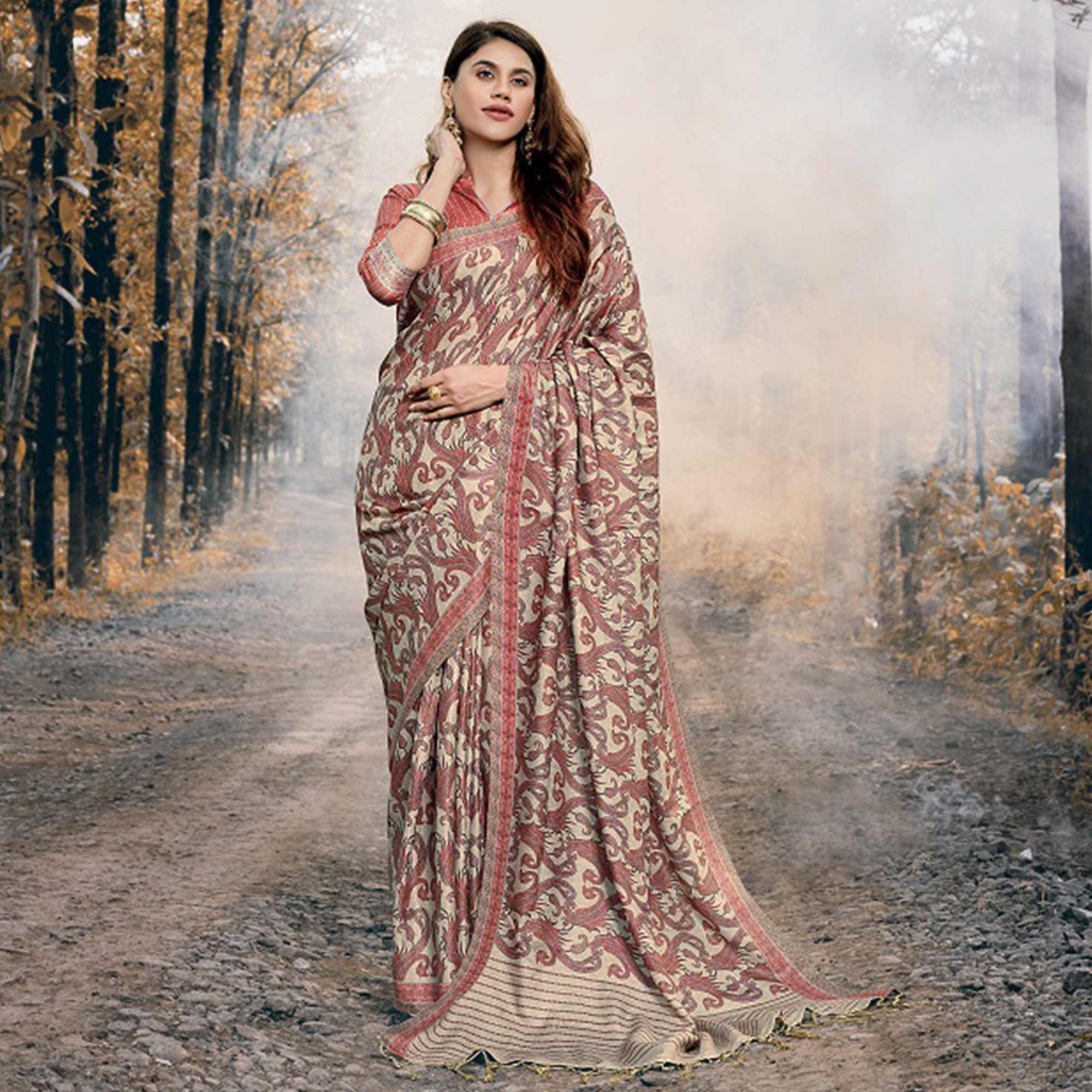 Arresting Beige Colored Festive Wear Printed Pashmina Silk Saree - Peachmode