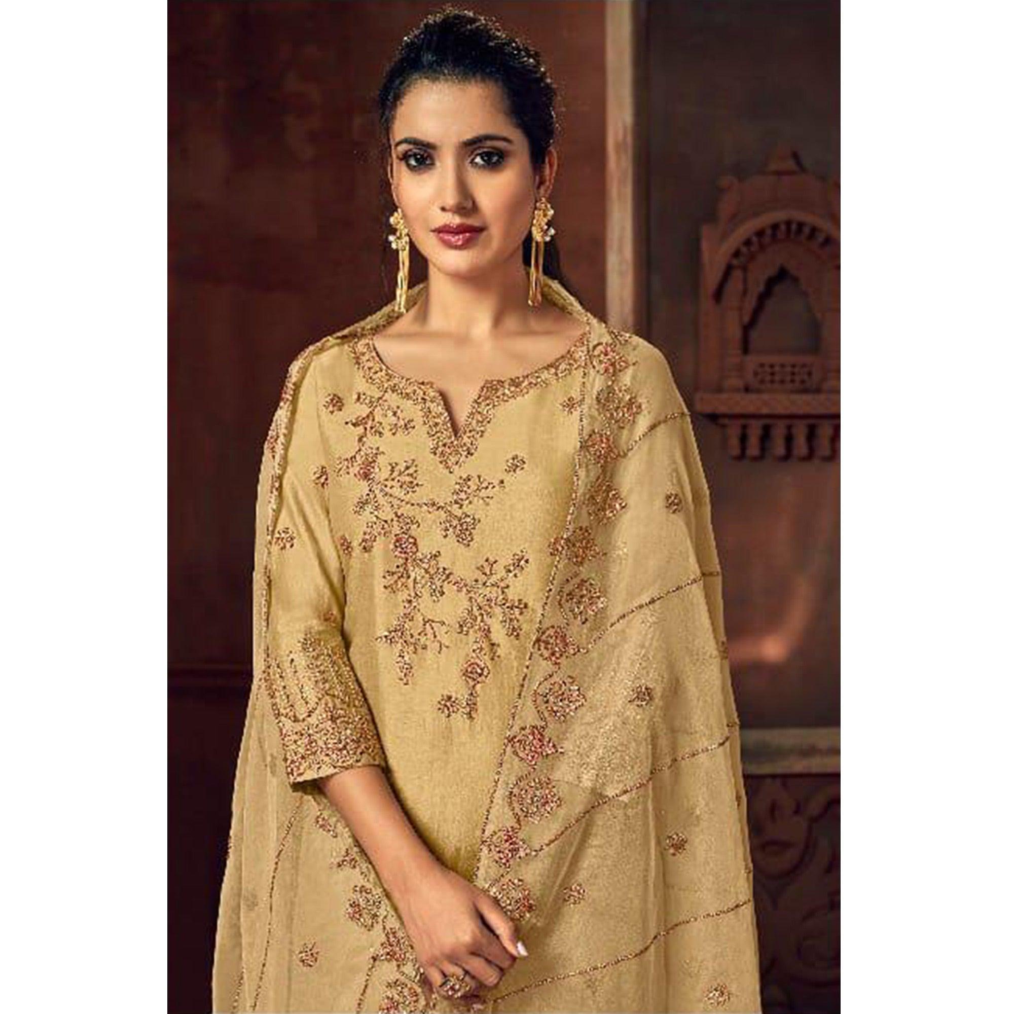 Arresting Beige Colored Party Wear Embroidered Silk Palazzo Suit - Peachmode