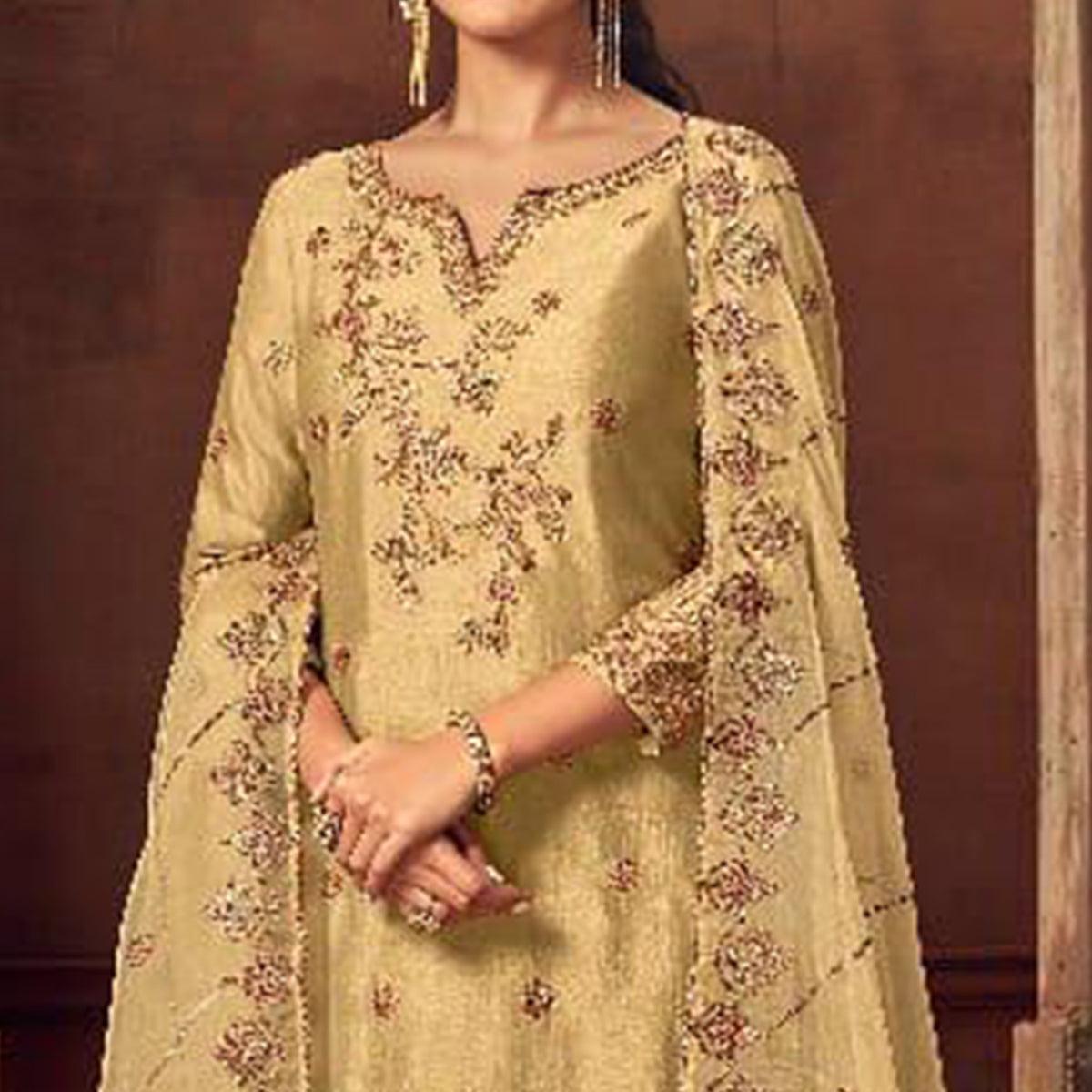 Arresting Beige Colored Party Wear Embroidered Silk Palazzo Suit - Peachmode