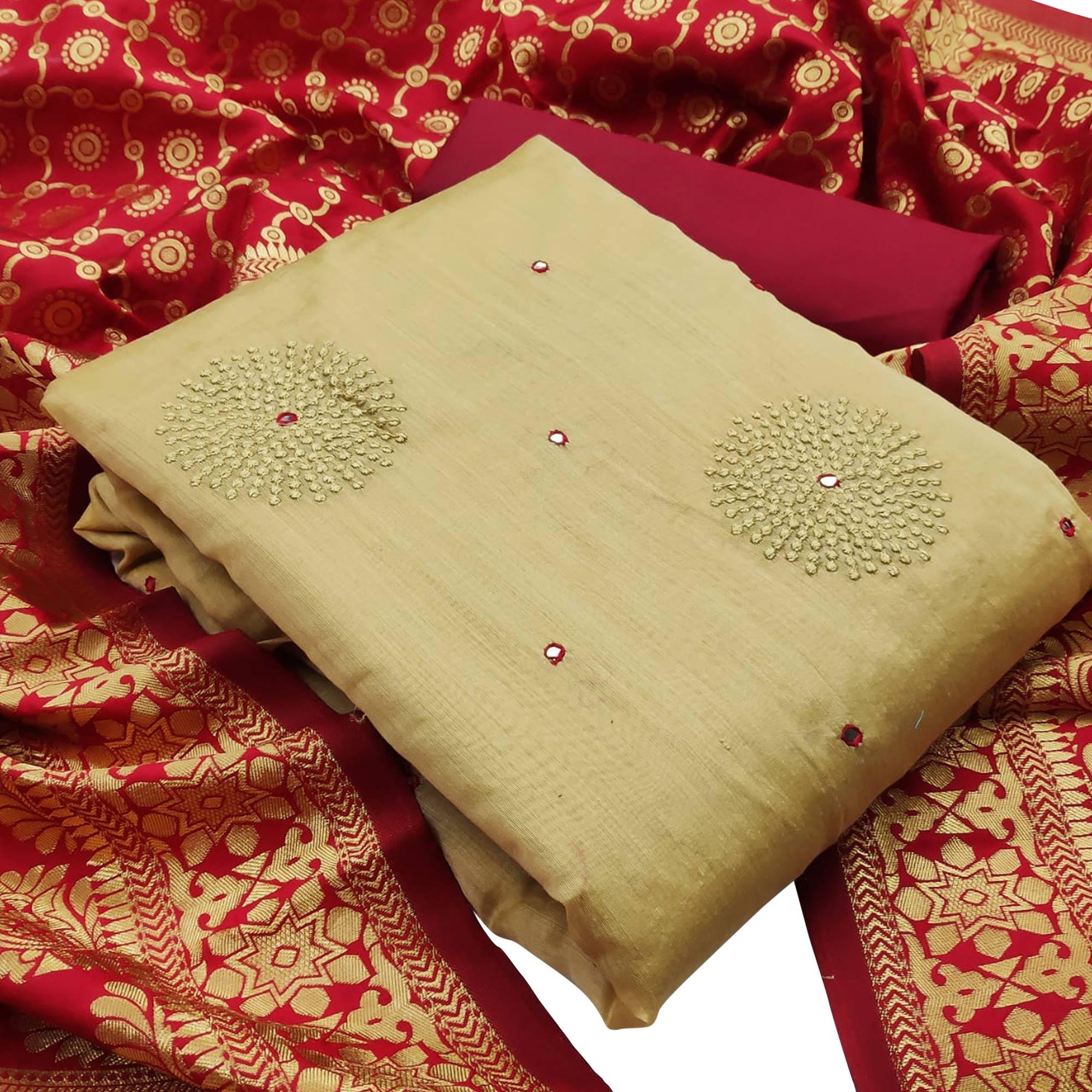 Arresting Beige - Red Colored Casual Wear Embroidered Chanderi Dress Material - Peachmode