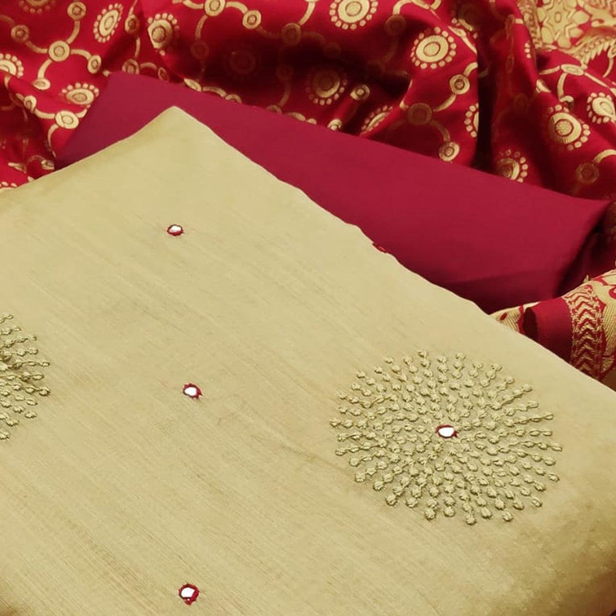 Arresting Beige - Red Colored Casual Wear Embroidered Chanderi Dress Material - Peachmode