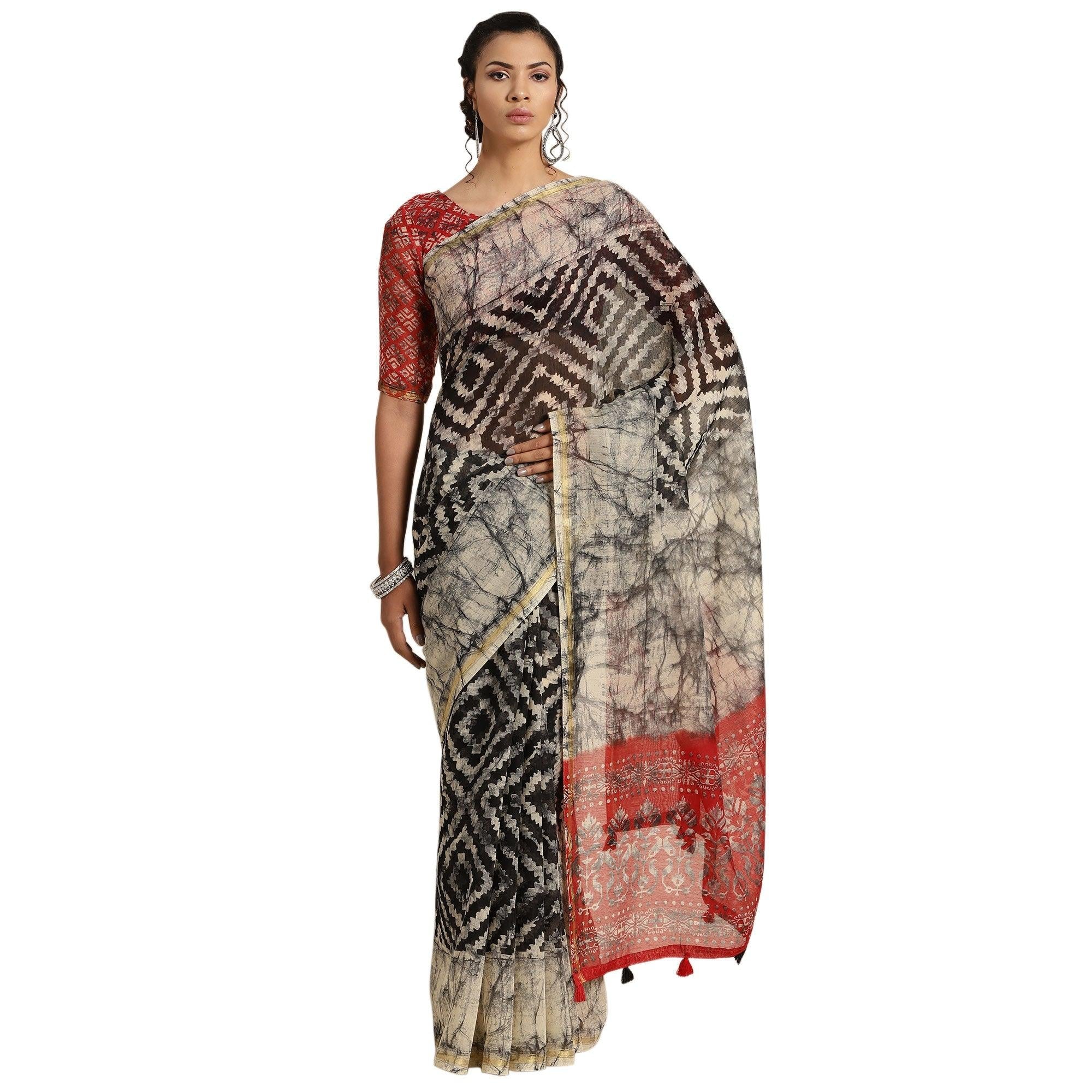 Arresting Black Colored Casual Printed Cotton Saree - Peachmode