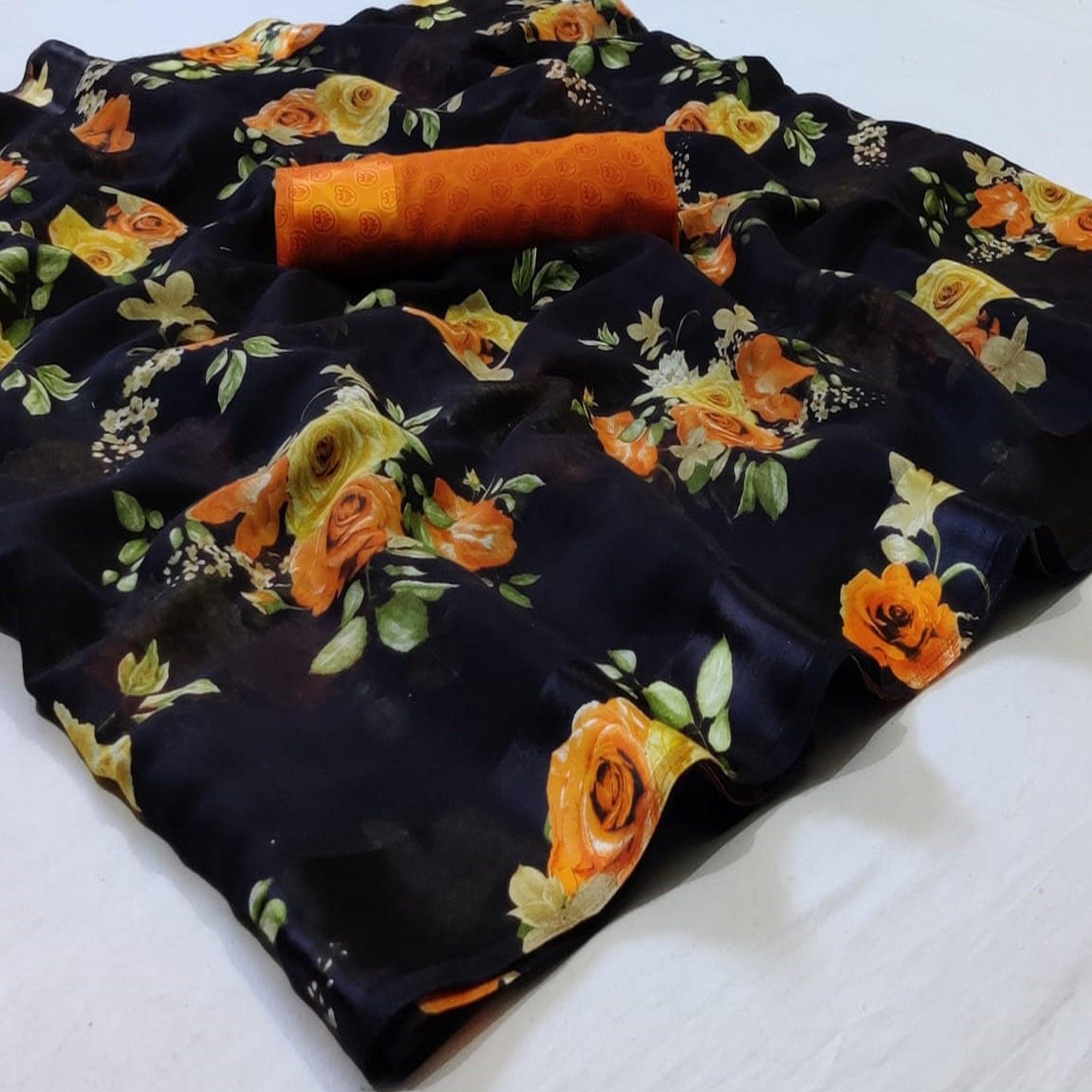 Arresting Black Colored Casual Wear Floral Printed Linen Saree - Peachmode