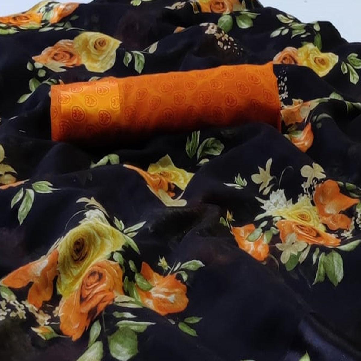 Arresting Black Colored Casual Wear Floral Printed Linen Saree - Peachmode