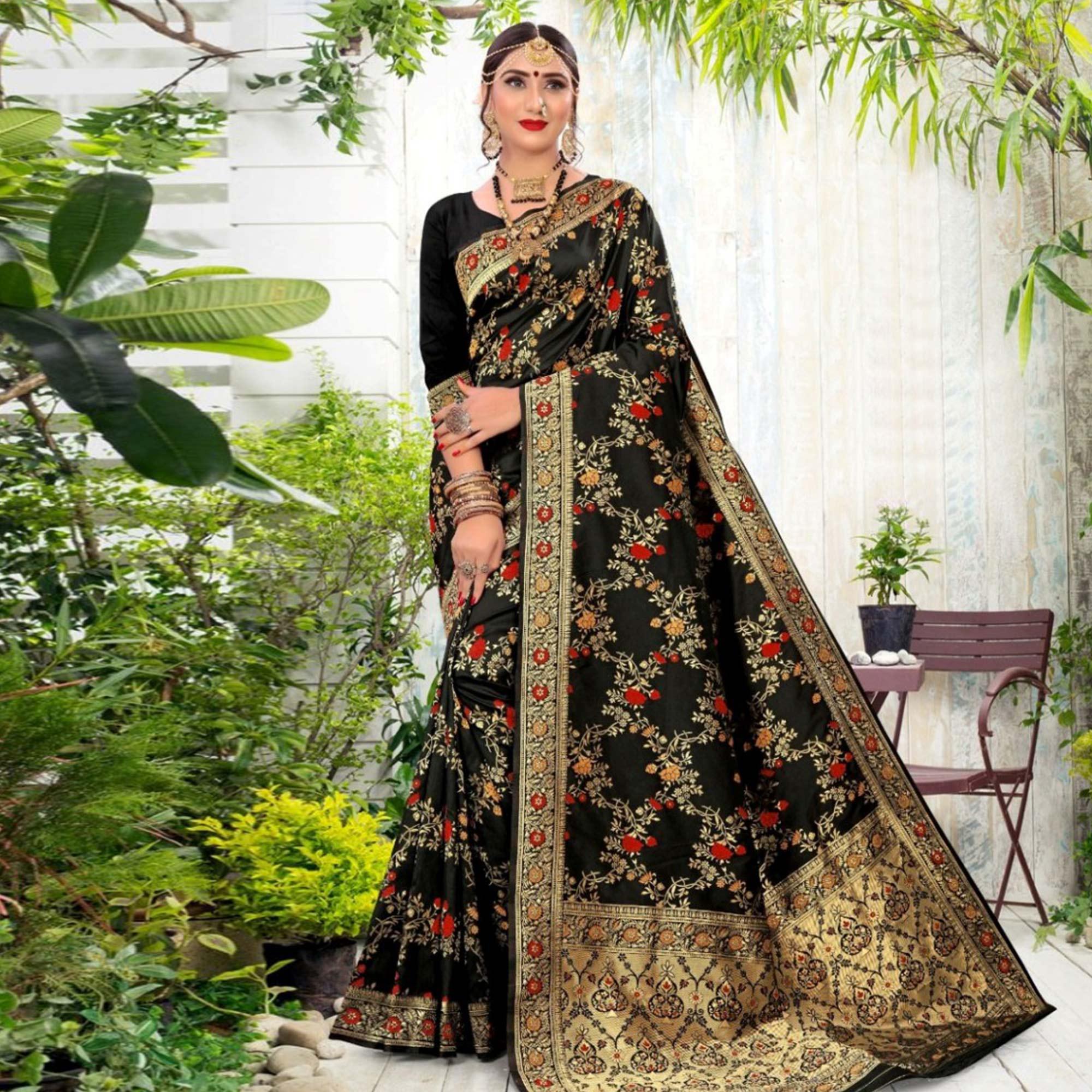 Arresting Black Colored Festive Wear Woven Lichi Silk Saree - Peachmode