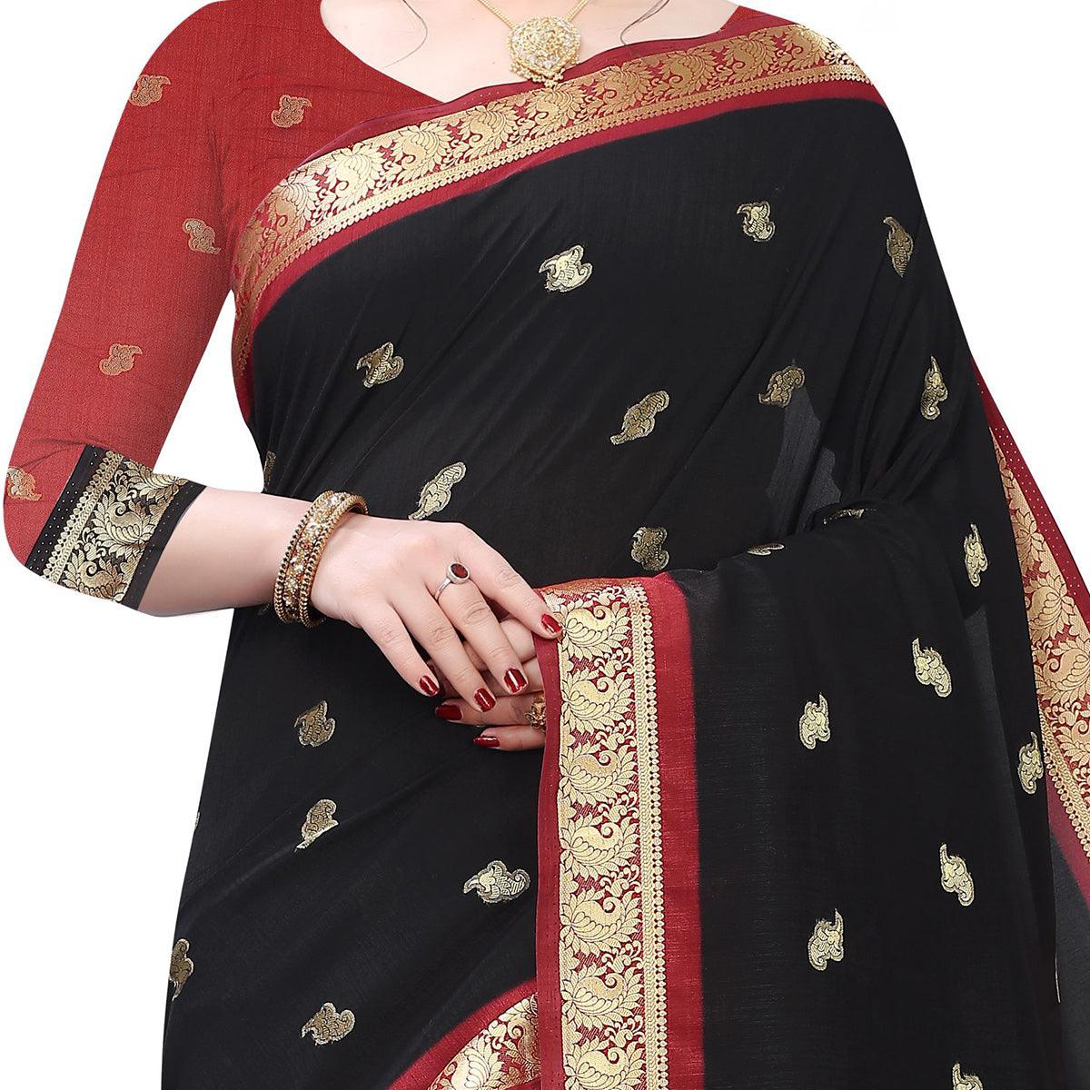 Arresting Black Colored Festive Wear Woven Vichitra Silk Saree - Peachmode