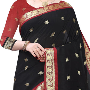 Arresting Black Colored Festive Wear Woven Vichitra Silk Saree - Peachmode