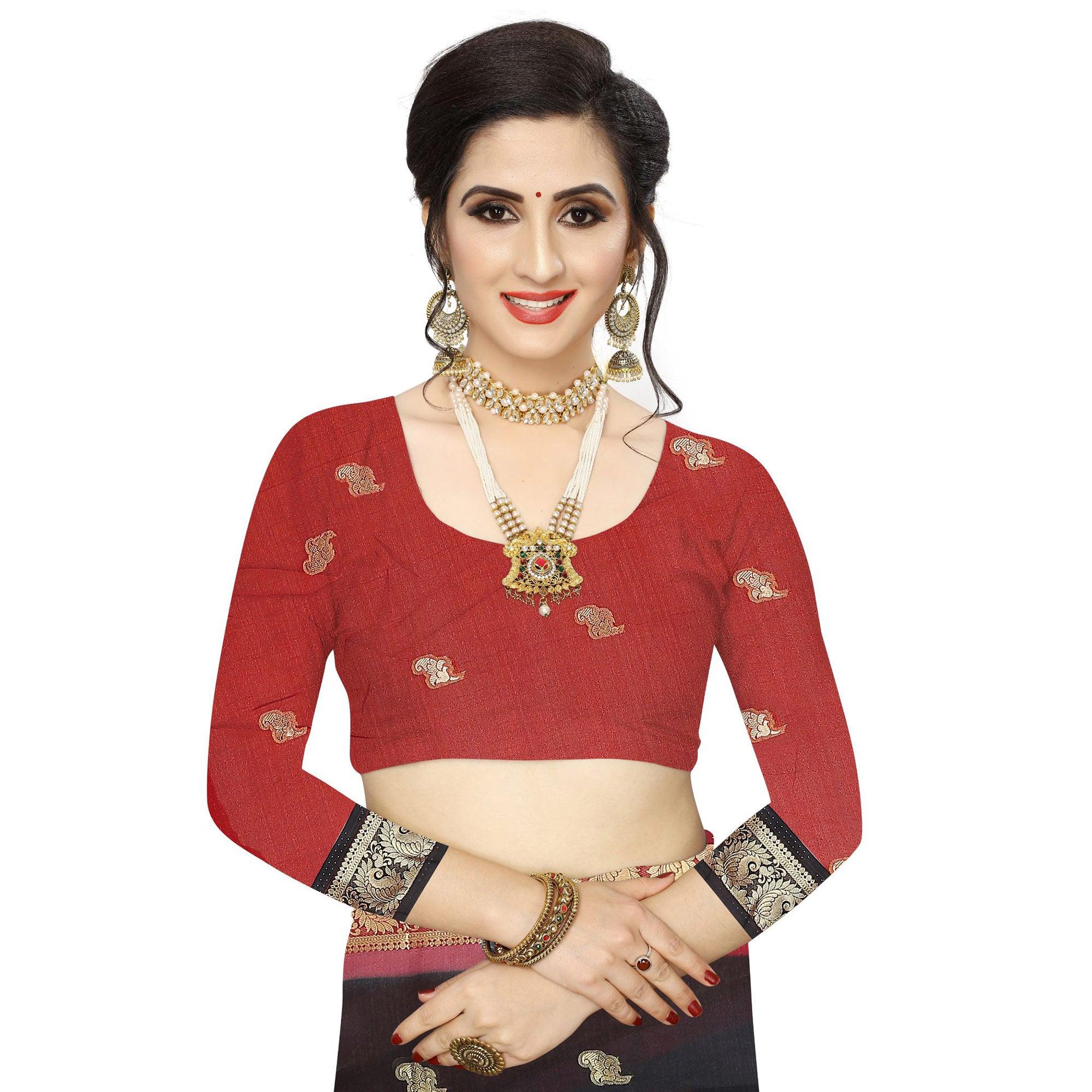 Arresting Black Colored Festive Wear Woven Vichitra Silk Saree - Peachmode