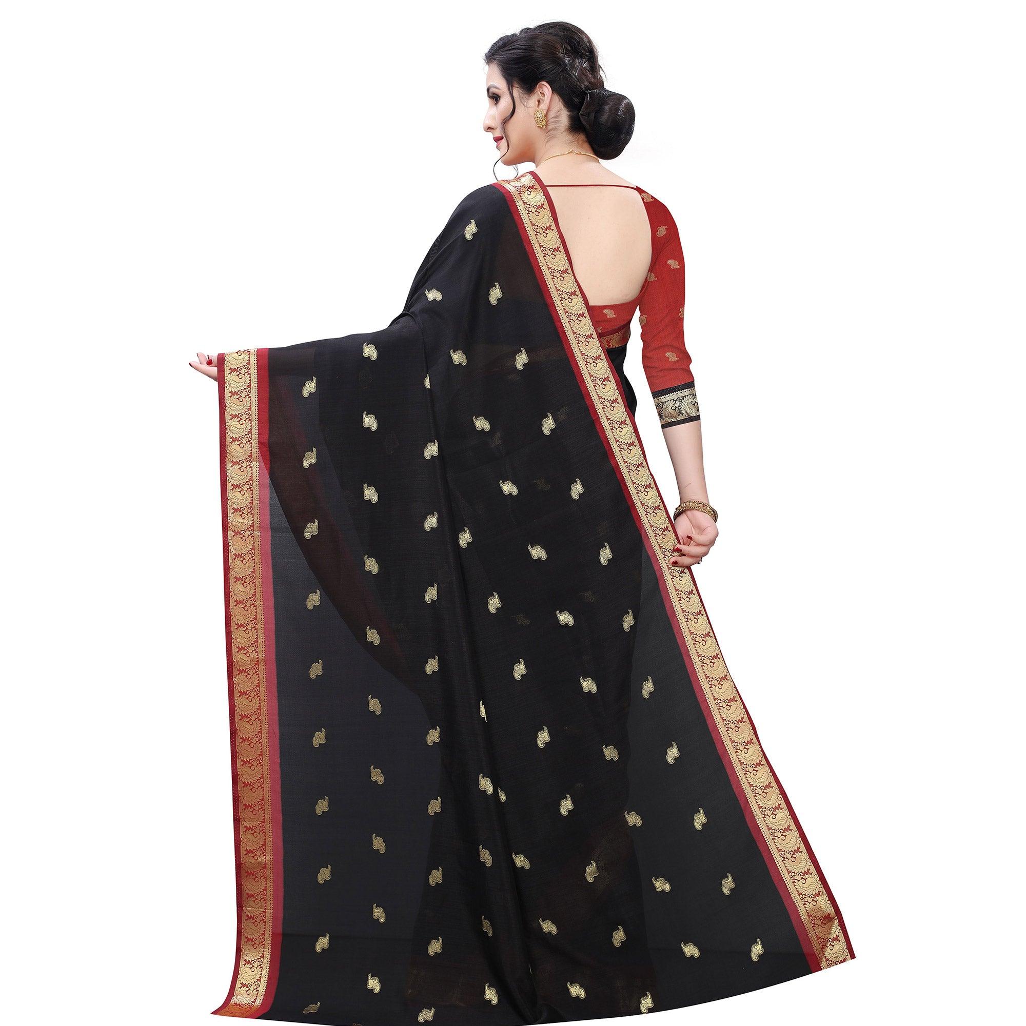 Arresting Black Colored Festive Wear Woven Vichitra Silk Saree - Peachmode