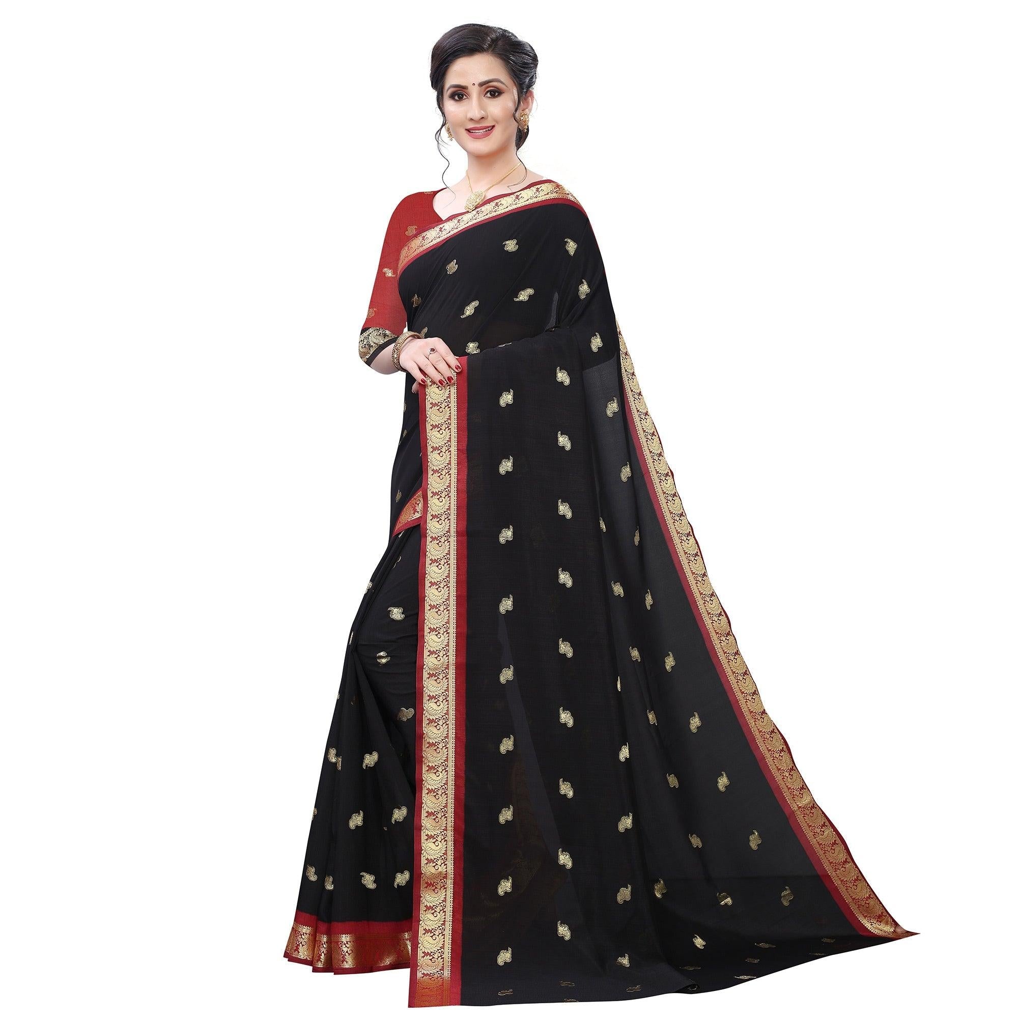 Arresting Black Colored Festive Wear Woven Vichitra Silk Saree - Peachmode