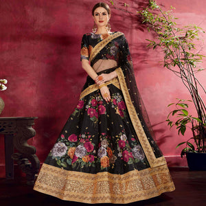 Arresting Black Colored Partywear Designer Embroidered Art Silk Lehenga Choli - Peachmode