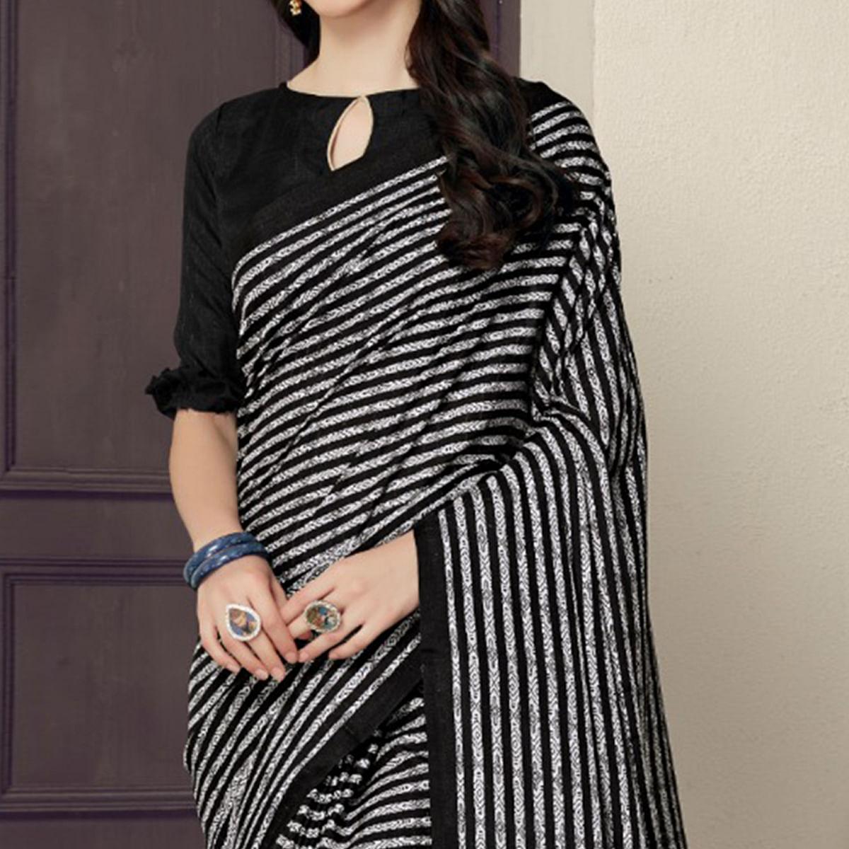 Arresting Black-White Colored Casual Printed Bhagalpuri Silk Saree - Peachmode