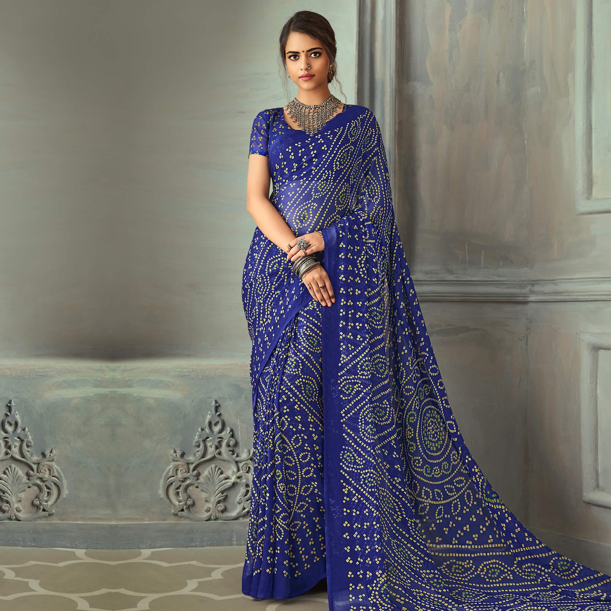 Arresting Blue Colored Casual Wear Bandhani Printed Chiffon Saree - Peachmode