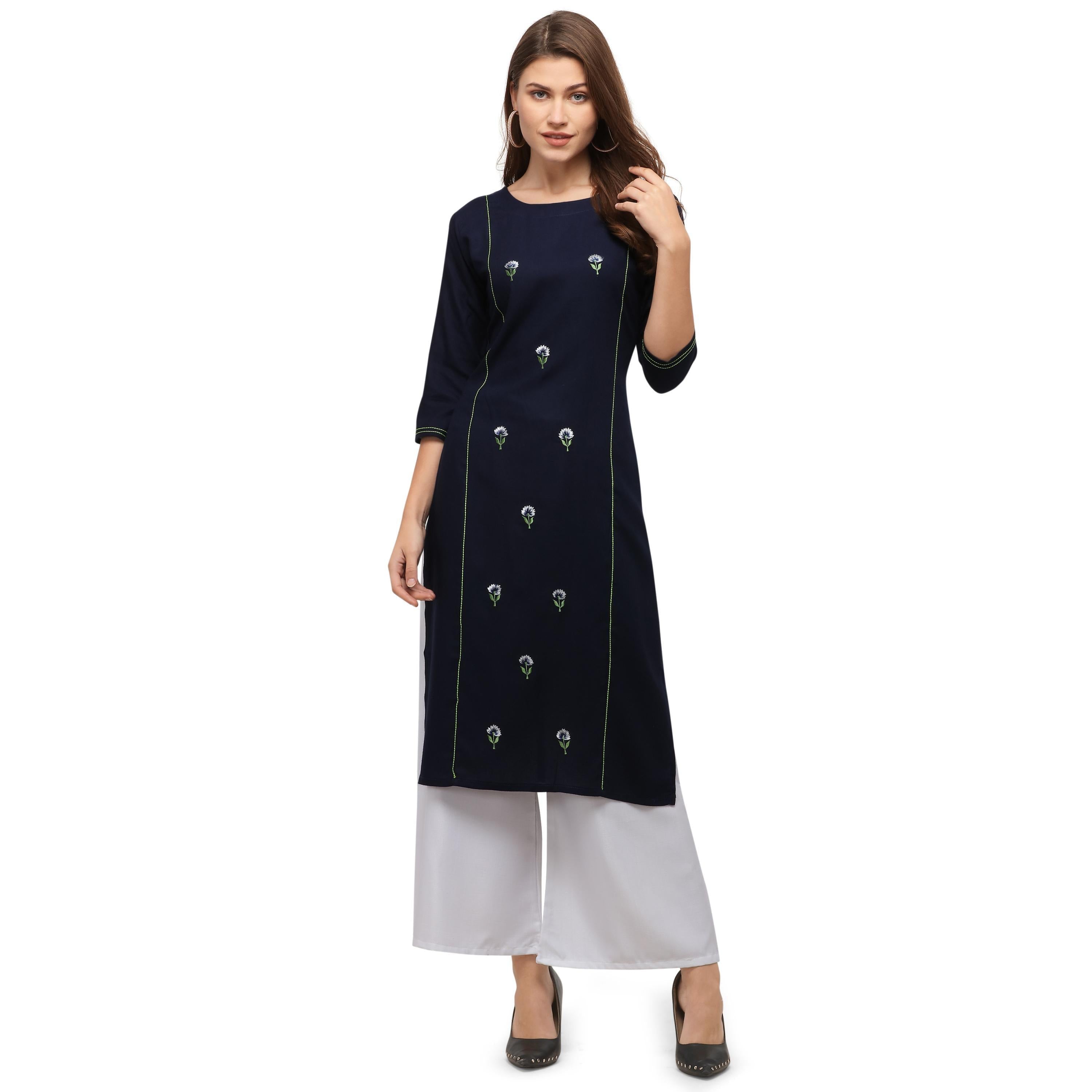 Arresting Blue Colored Casual Wear Embroidered Rayon Kurti With Palazzo - Peachmode