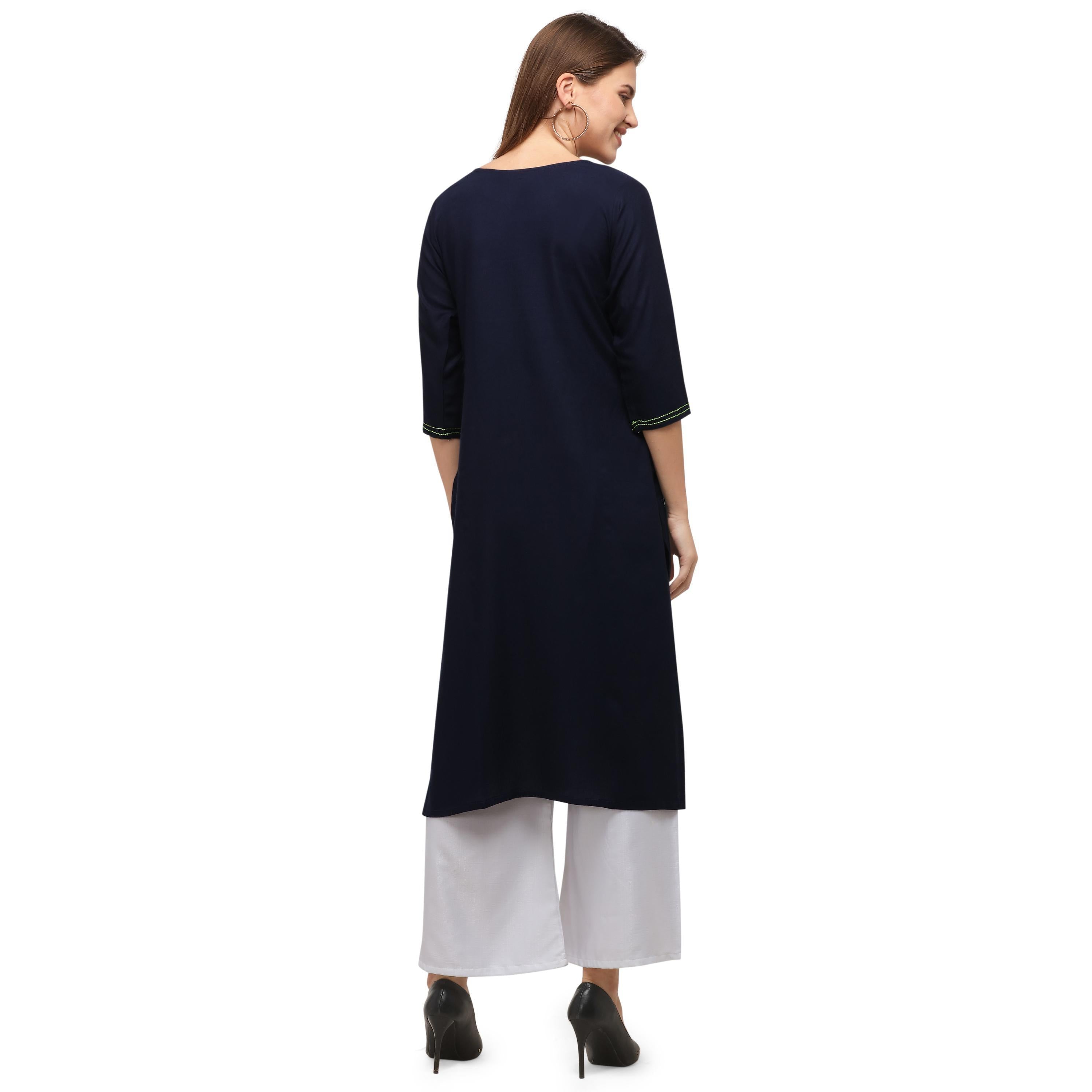 Arresting Blue Colored Casual Wear Embroidered Rayon Kurti With Palazzo - Peachmode