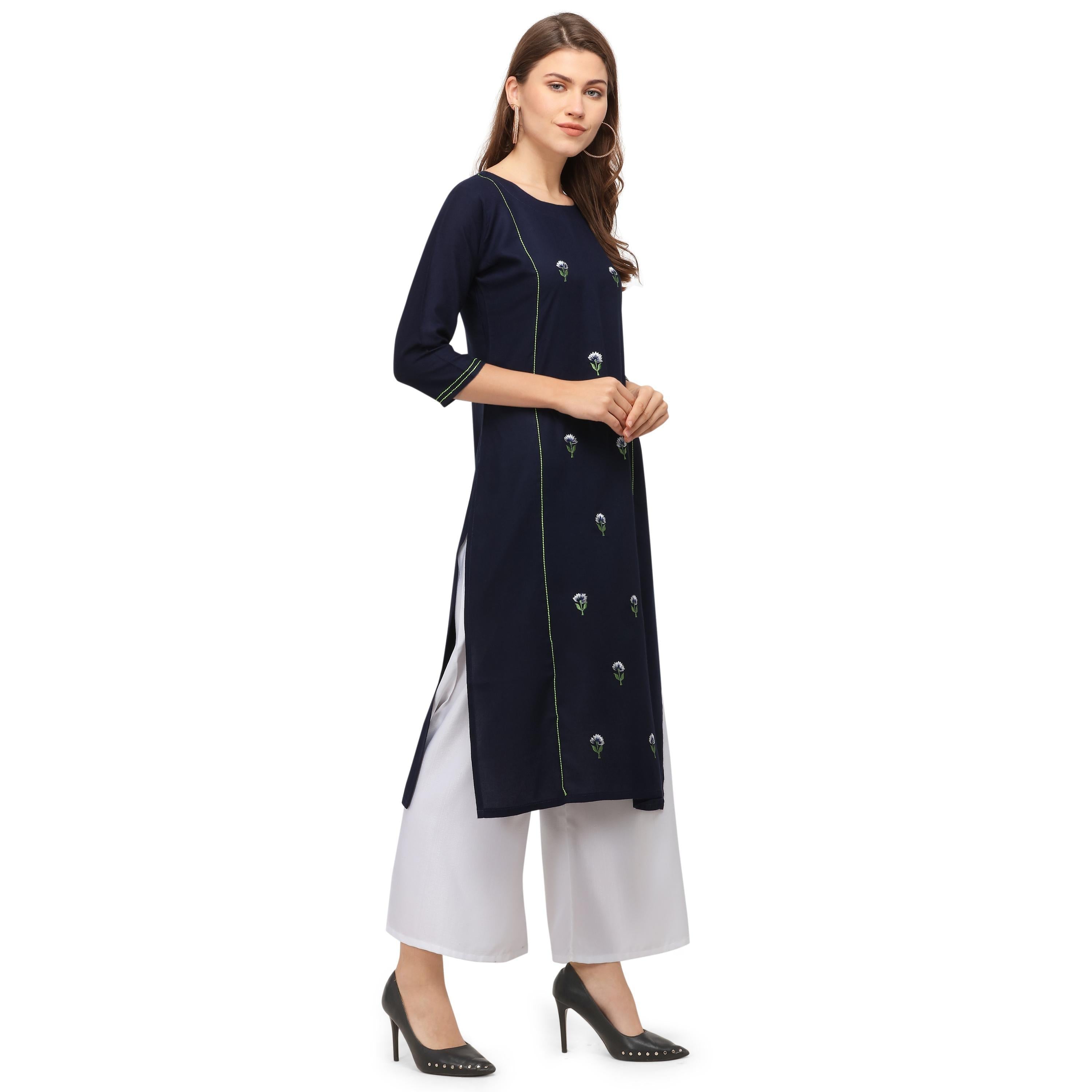 Arresting Blue Colored Casual Wear Embroidered Rayon Kurti With Palazzo - Peachmode