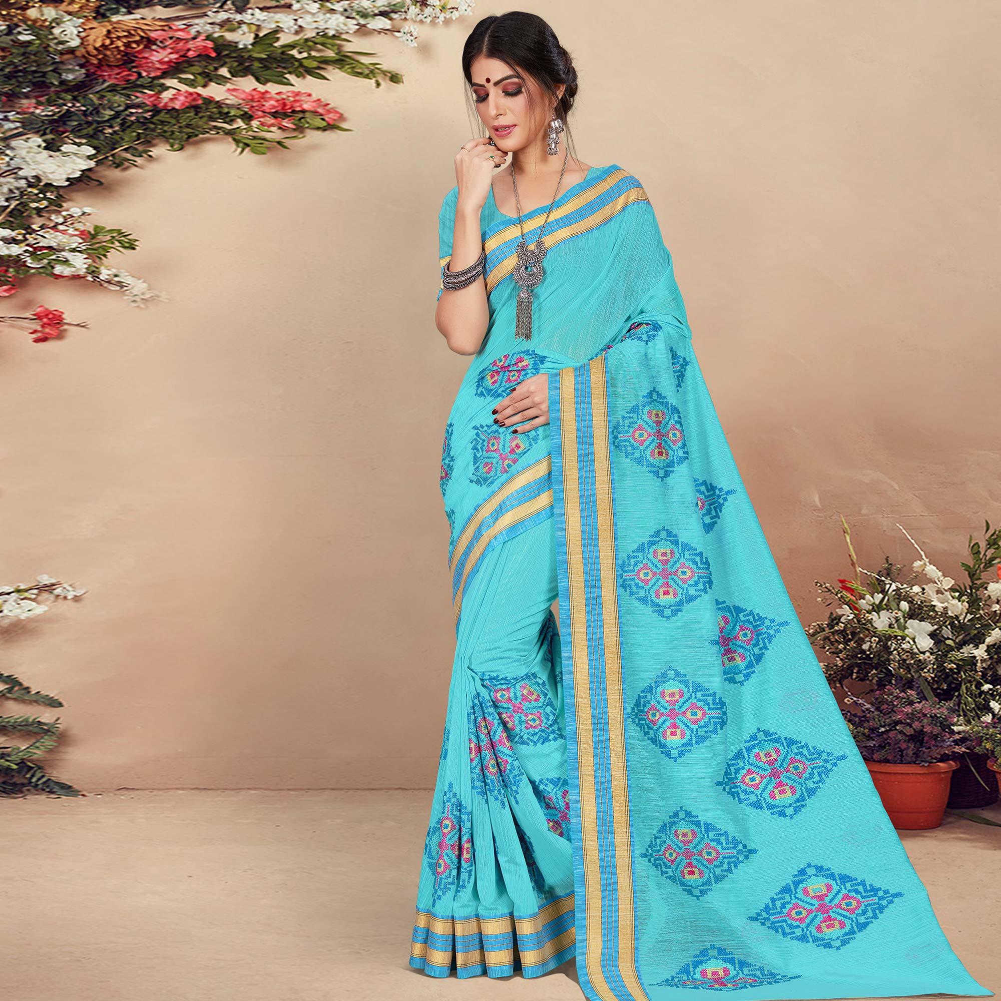 Arresting Blue Colored Casual Wear Floral Printed Cotton Saree - Peachmode