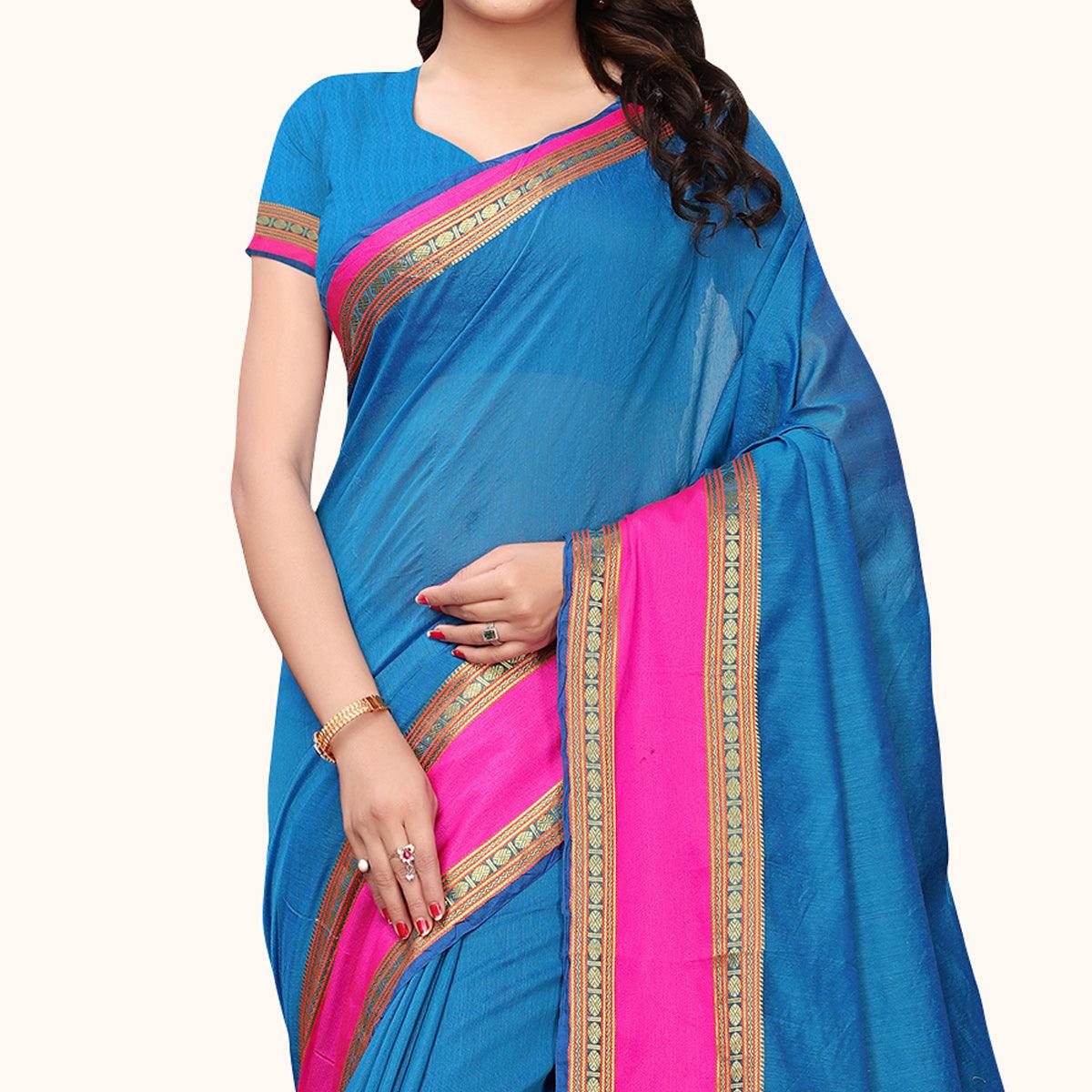 Arresting Blue Colored Festive Wear Cotton Silk Saree - Peachmode