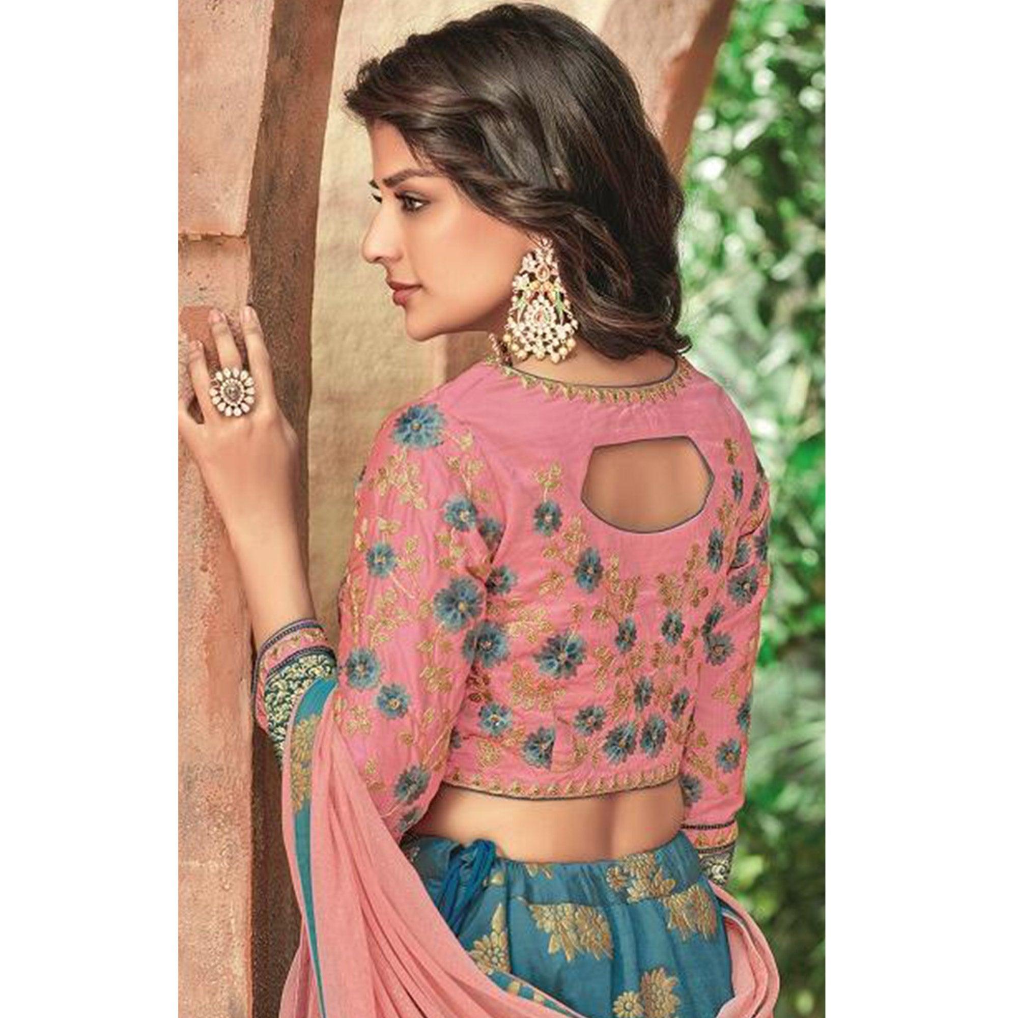 Arresting Blue Colored Partywear Embroidered Silk Lehenga Choli - Peachmode