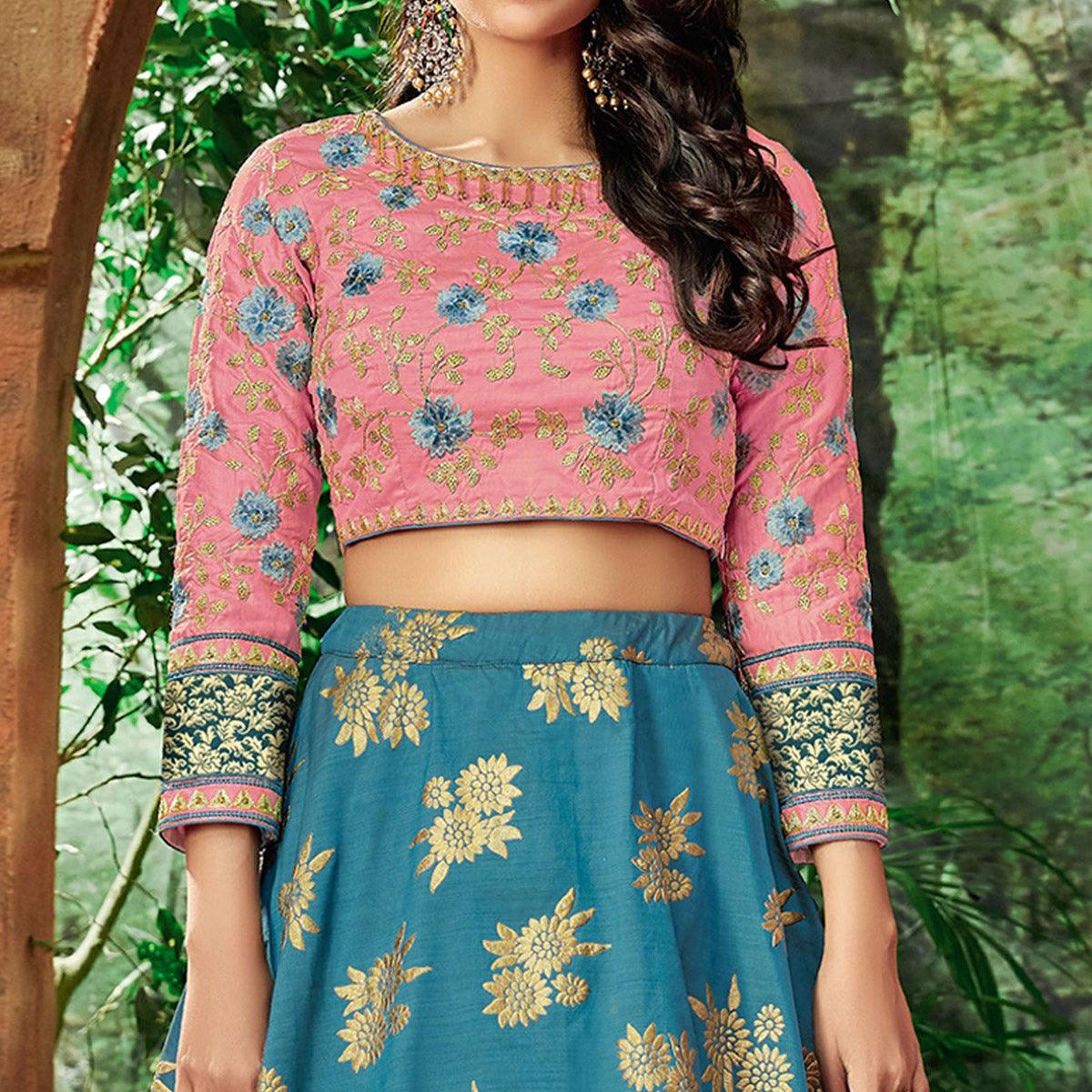 Arresting Blue Colored Partywear Embroidered Silk Lehenga Choli - Peachmode