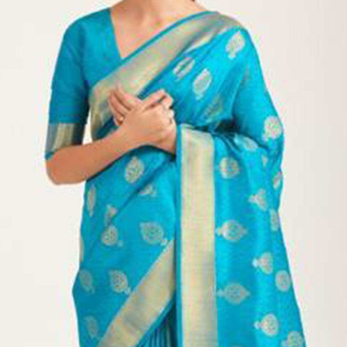 Arresting Blue Coloured Festive Wear Handloom Woven Silk Saree - Peachmode